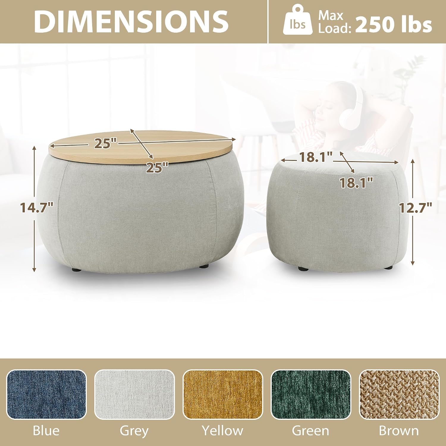 Round Ottoman with Storage Set, 25' +18' Circle Coffee Table Upholstered Nesting Modern End Table Footstool with Removable Wood Tray Chenille for Living Room No Assembly, Light Grey
