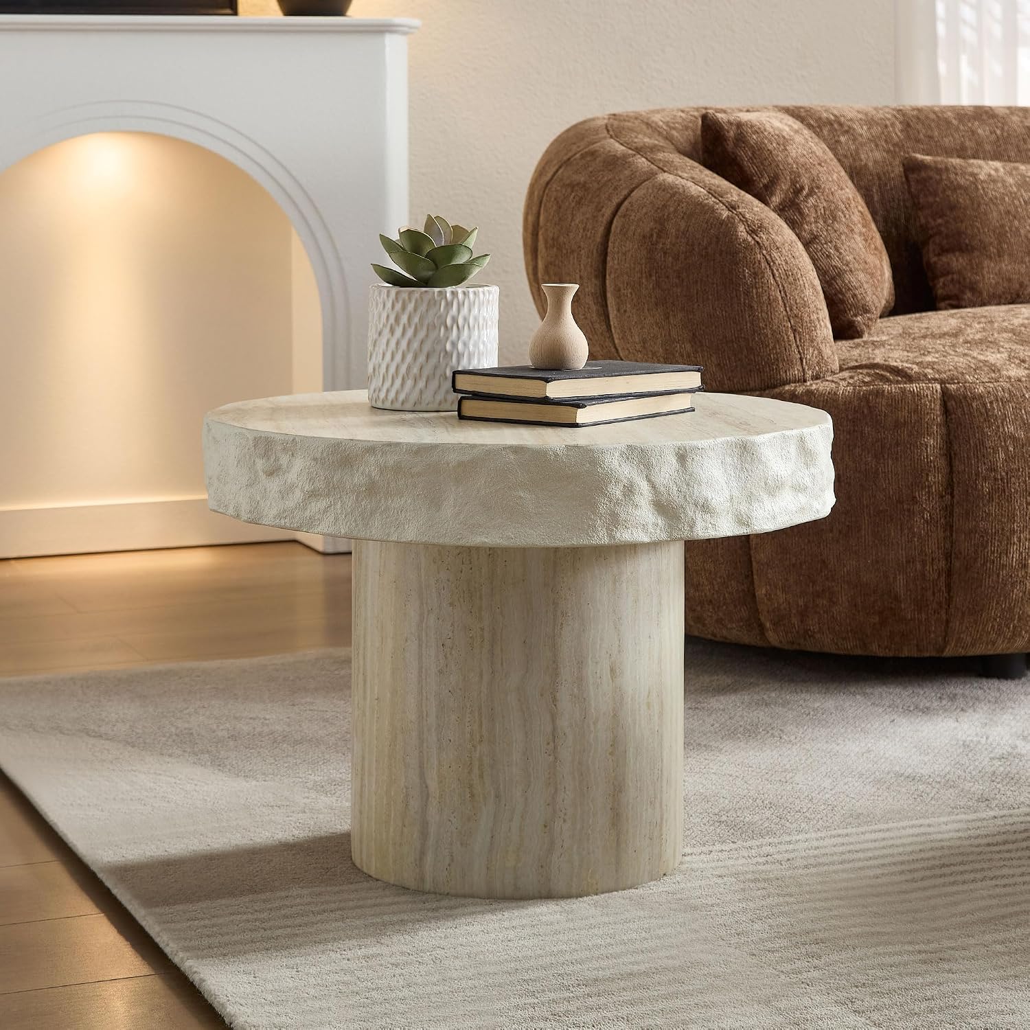 Modern End Table, 23.82'' Round Side Table, Faux Mars Top Small Drink Side Tables Accent Nightstand Living Room, Bedroom, Corners, Small Space, Full Assembly Beige