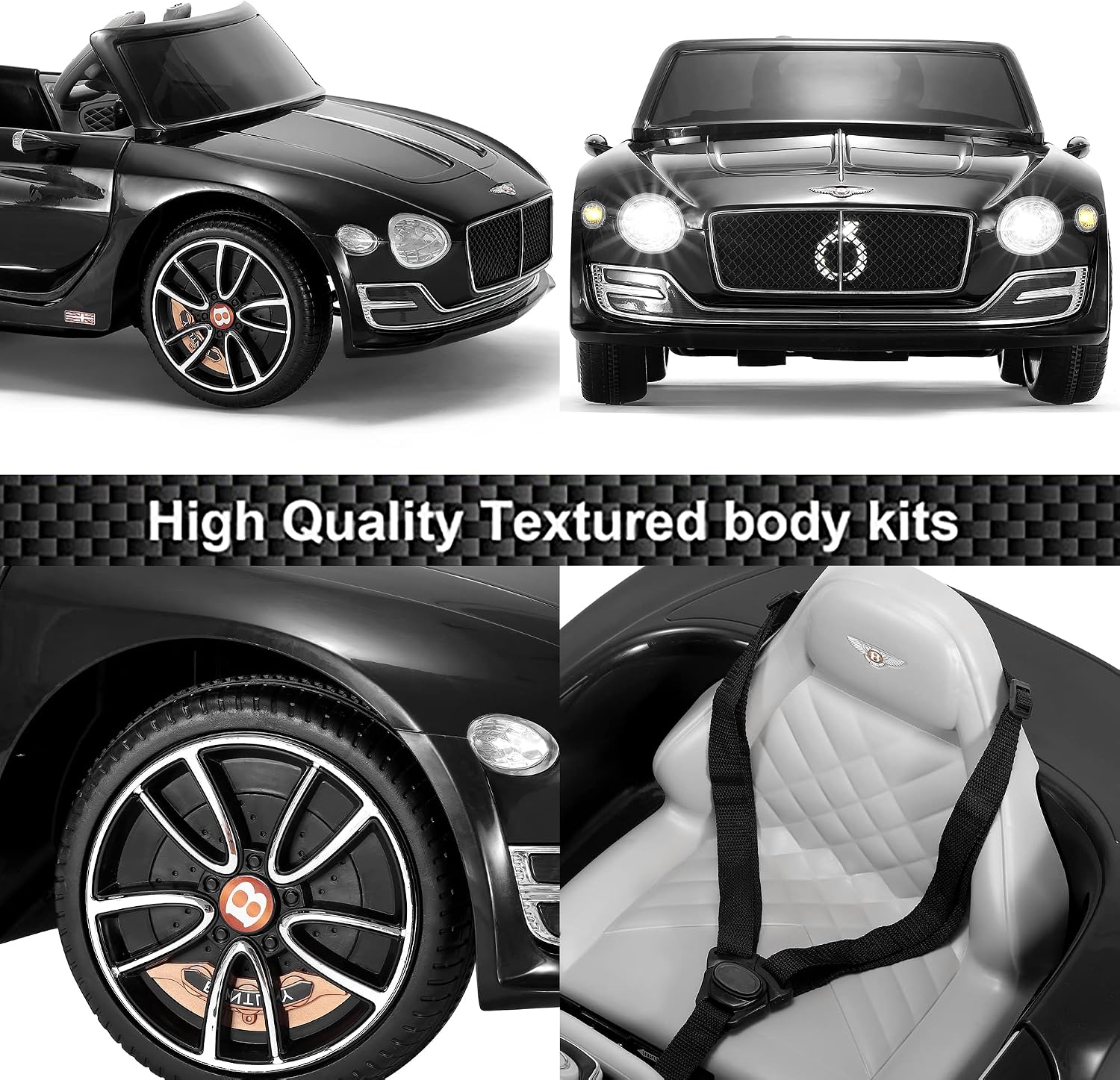 SEHOMY 12V Bentley Electric car for Kids with Remote, EXP12 Kid Cars to Drive Battery Powered Ride On Vehicle with 4 Wheels, Foot Pedal, 2 Speeds, Music, Aux, LED Headlight, Music Player Black