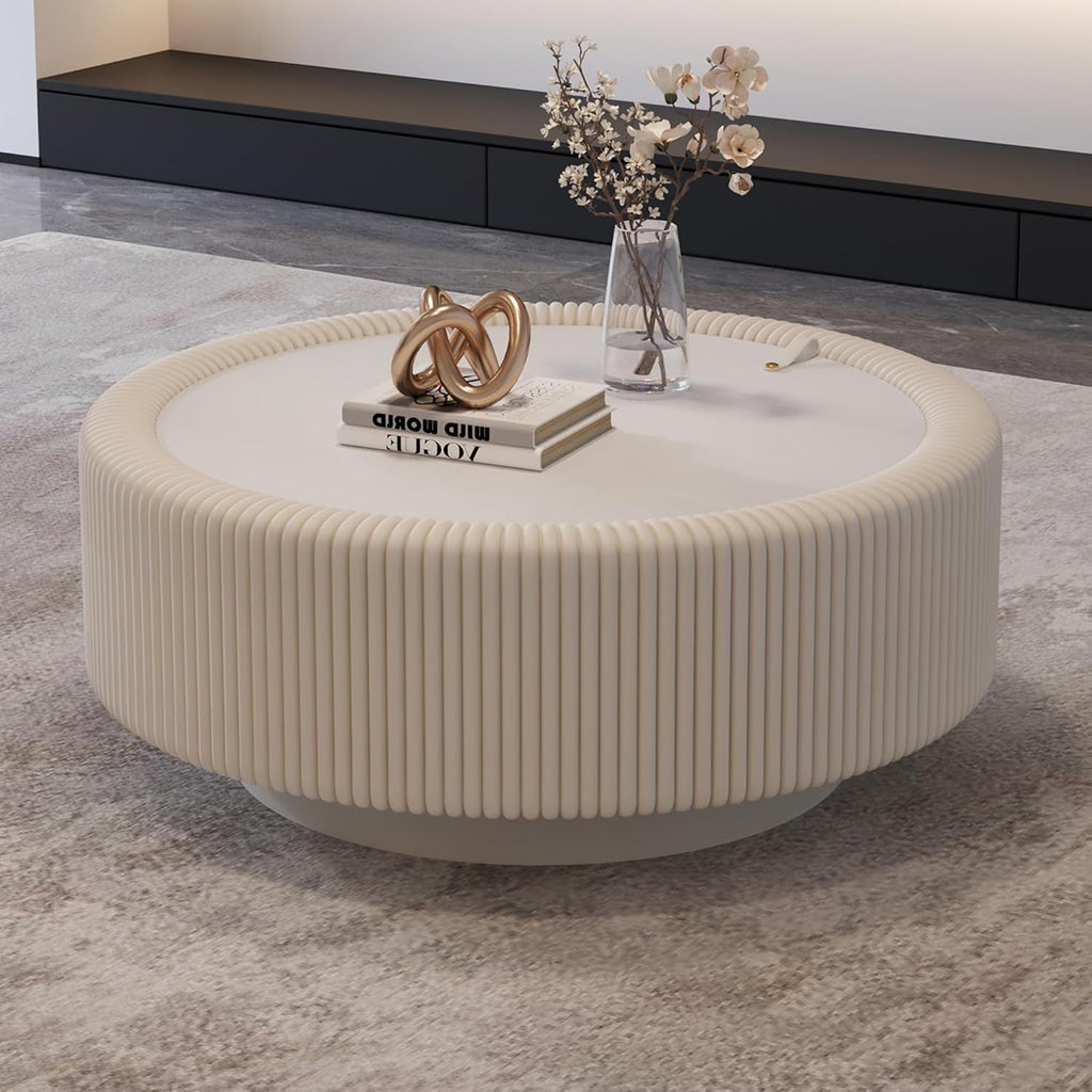 White Round Fluted Coffee Table with Hidden Storage, 31.5' Drum Coffee Table with Tempered Glass Top, PU Leather Body, Baked Enamel Metal Base, Modern Minimalist Circle Tea Table