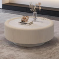 White Round Fluted Coffee Table with Hidden Storage, 31.5' Drum Coffee Table with Tempered Glass Top, PU Leather Body, Baked Enamel Metal Base, Modern Minimalist Circle Tea Table