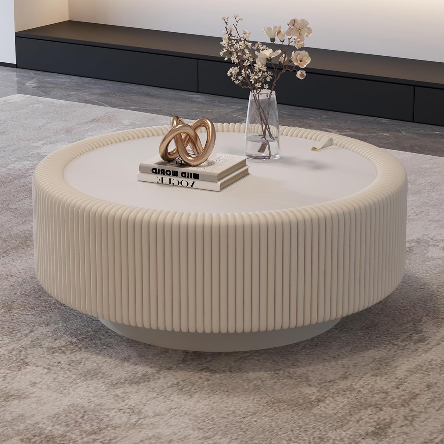 White Round Fluted Coffee Table with Hidden Storage, 31.5' Drum Coffee Table with Tempered Glass Top, PU Leather Body, Baked Enamel Metal Base, Modern Minimalist Circle Tea Table