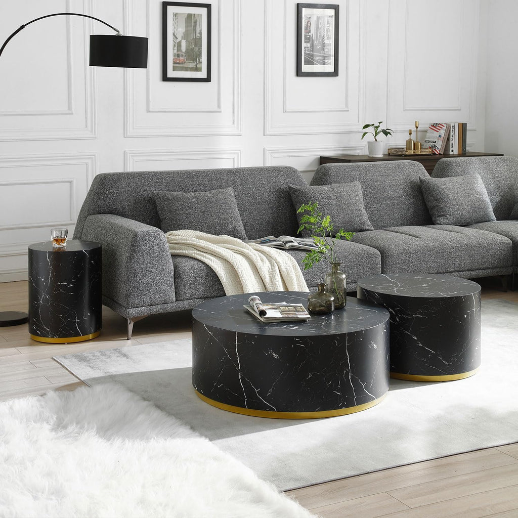 JUSTONE Faux Marble Coffee Table Set of 3,Modern White Coffee Table with Gold Rim Bottom,Perfect for Living Room Apartment, Black& Gold