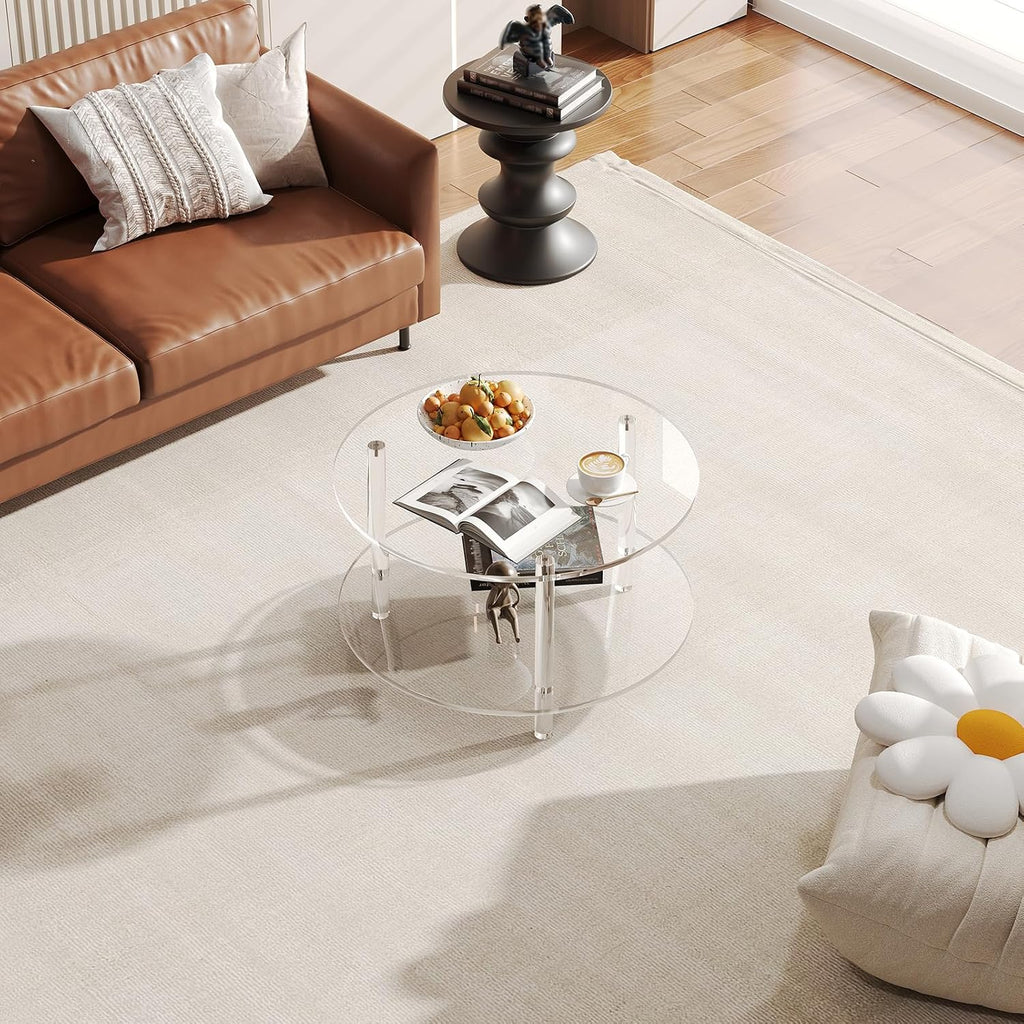 Acrylic Round Coffee Table, 23.6' Wide Modern Tea Table with Storage Shelf, 2-Tier Circle Center Table for Living Room, Office Reception and Apartment (Clear)
