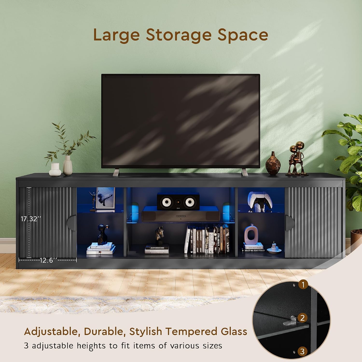 LGHM 70'' Black TV Stand with Lighting, Stylish Modern Entertainment Center with Slip Doors for TVs Up to 80', Media Console for Living Room