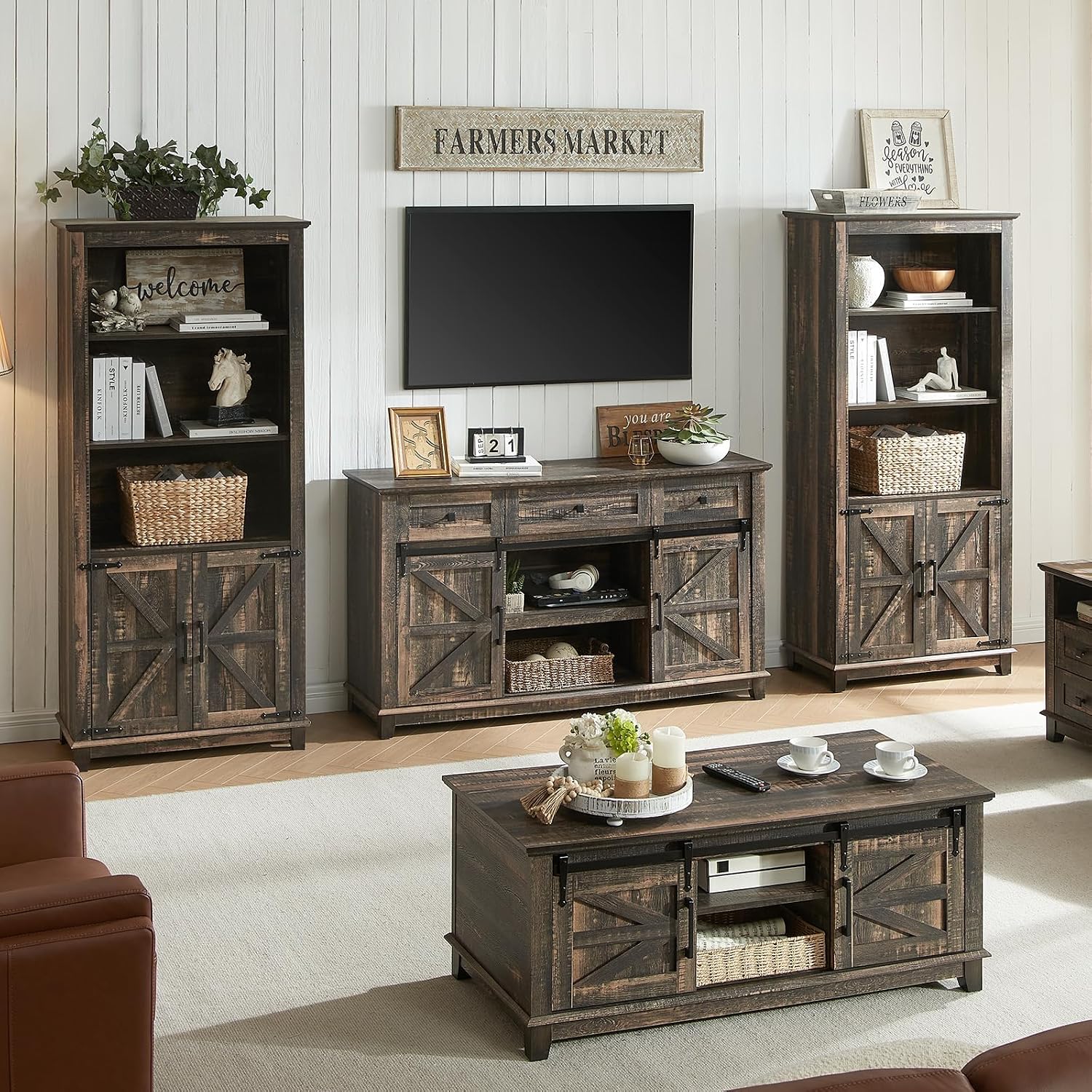 AMERLIFE 4 Piece Farmhouse Table Set, TV Stand, 2 Bookcases & Coffee Table, Entertainment Center for 65 Inch Television with Sliding Barn Doors & Storage Drawers, for Living Room, Bedroom, Oak Black