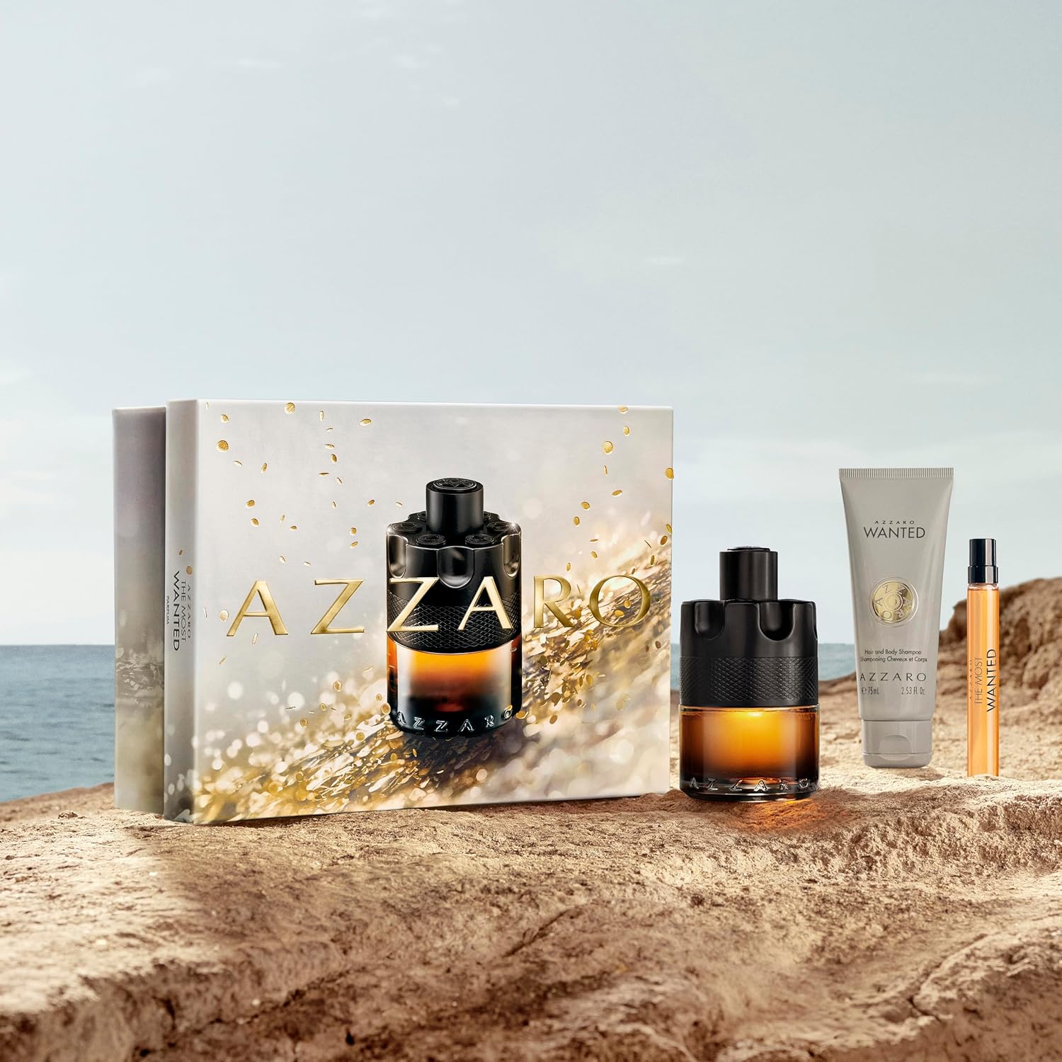 Azzaro The Most Wanted Parfum - Intense Mens Cologne Set ($215 Value) - 3-Piece Set with Full Size + Travel Size Fragrances, Hair & Body Wash - Lasting Wear