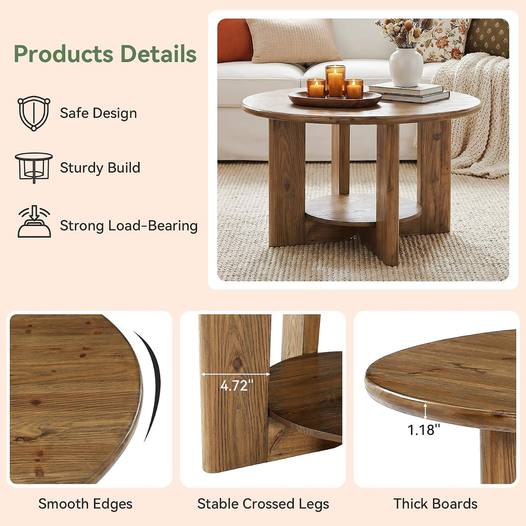 Tribesigns Round Solid Wood Coffee Table, Circle Coffee Table with 2-Tier Storage, Small Farmhouse Center Table for Living Room, Rustic Brown