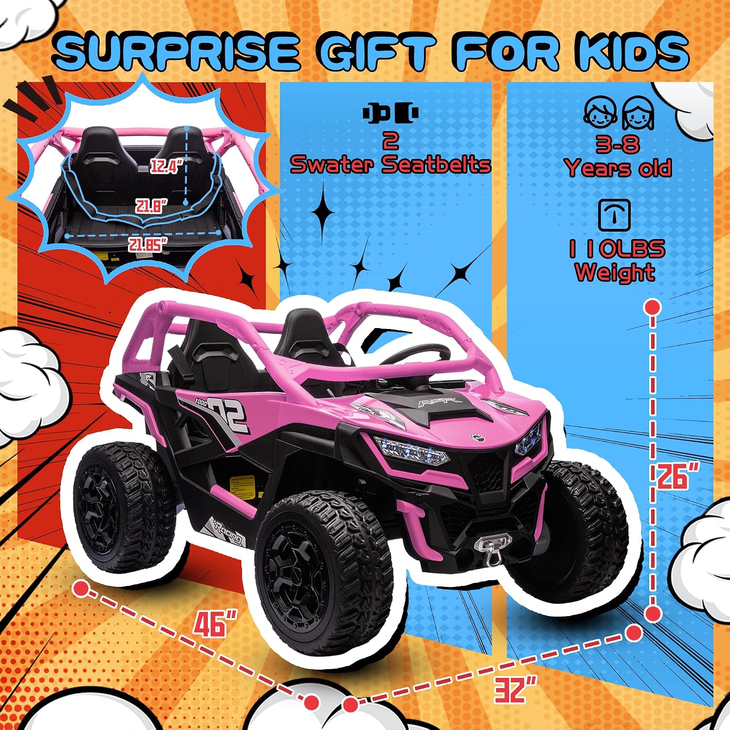 wanan XL 24V 10AH Ride on Toys for Big Kids Real 2-Seater, 4x4 4WD Motor Ride on Car Kid UTV for Kids 3-8, Remote Control, Bluetooth Music, 4 Spring Suspension, 22' Spacious Seats (Pink)