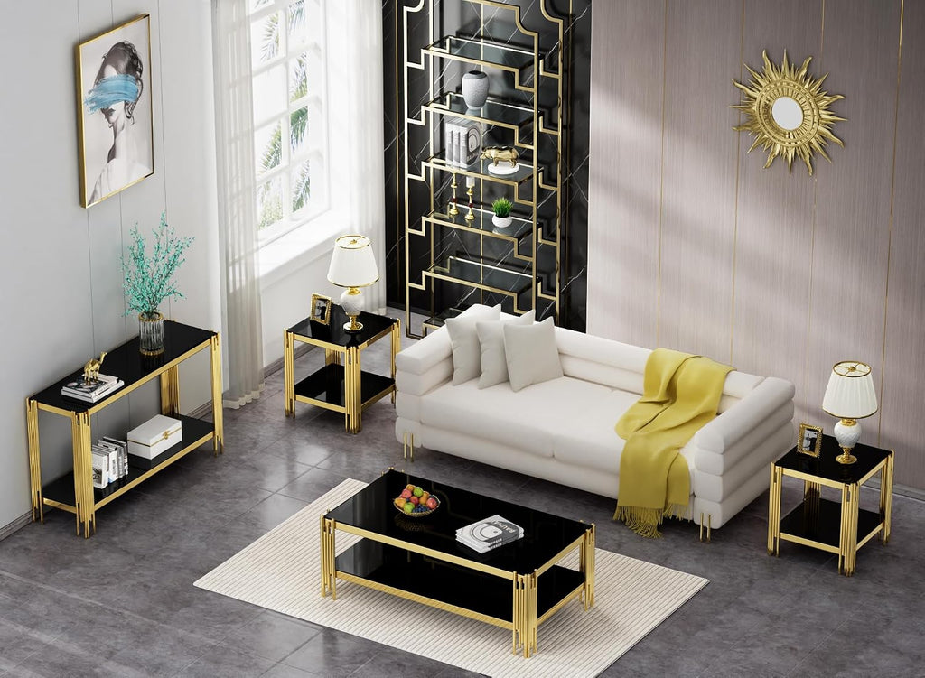 Gold Coffee Table Set of 4 Luxury 2-Tier Glass Coffee Table Console Table & 2 End Table w/Mirrored Stainless Steel Frame Modern 4 Pieces Living Room Table Set for Home Office