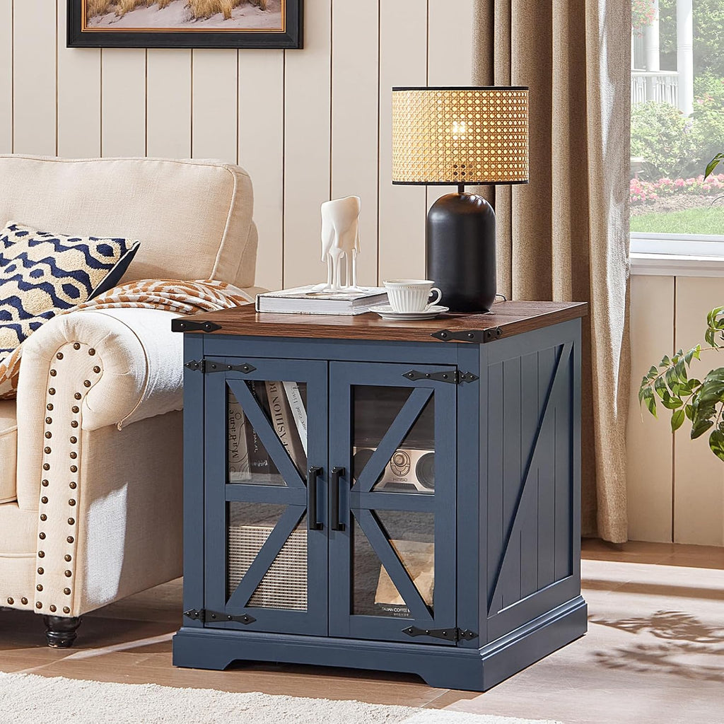 Farmhouse End Table Set of 2 with Charging Station, 24' Large Sofa Side Table with Glass Barn Door, Night Stand with Adjustable Shelf, Wood Nightstand, Square Bed Side Table for Living Room,Bedroom