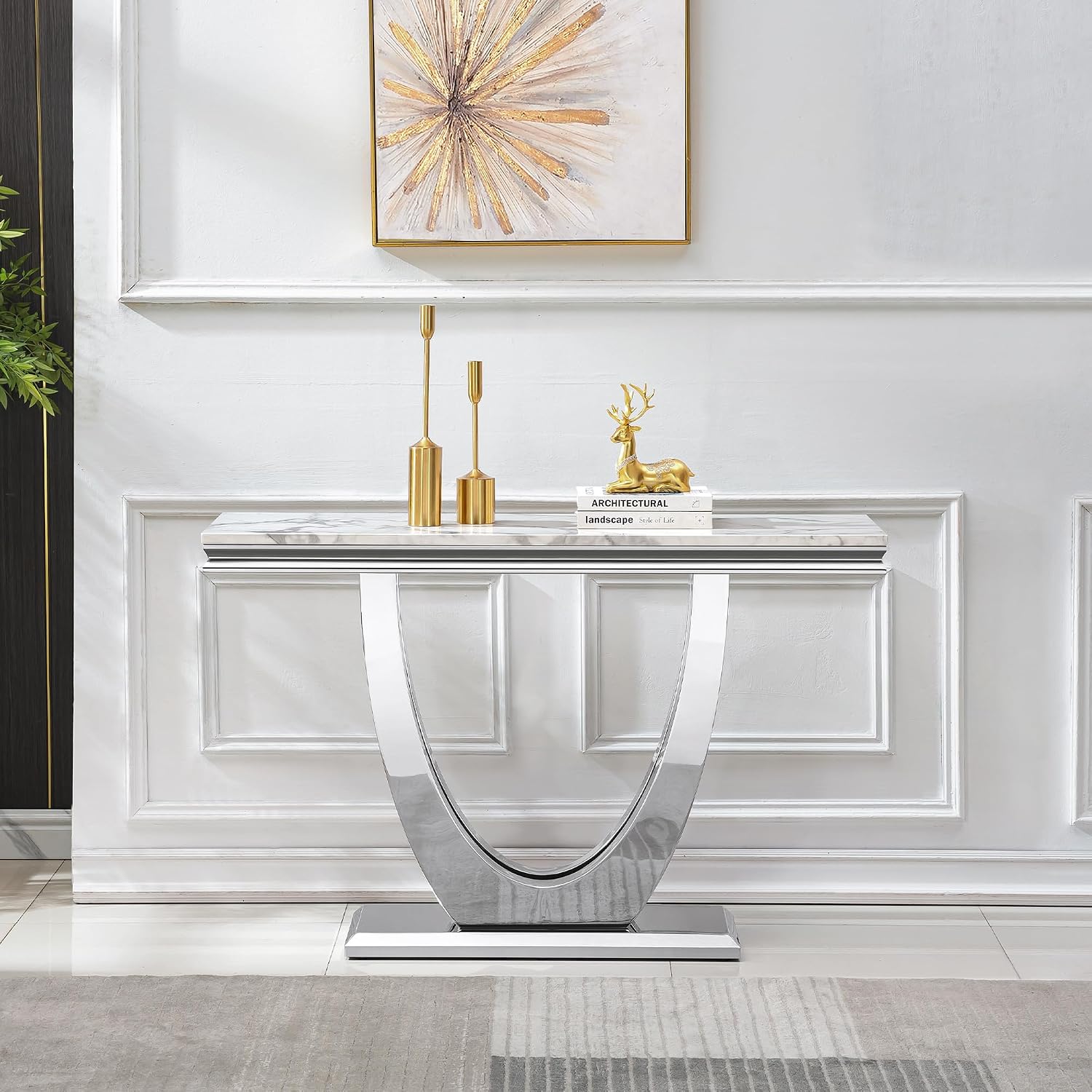 White Silver Console Table, 47' Faux Marble Entryway Table Narrow Long Sofa Table, Modern Accent Table Luxury Rectangle Behind Sofa Entrance Table Foyer Hallway Table for Living Room