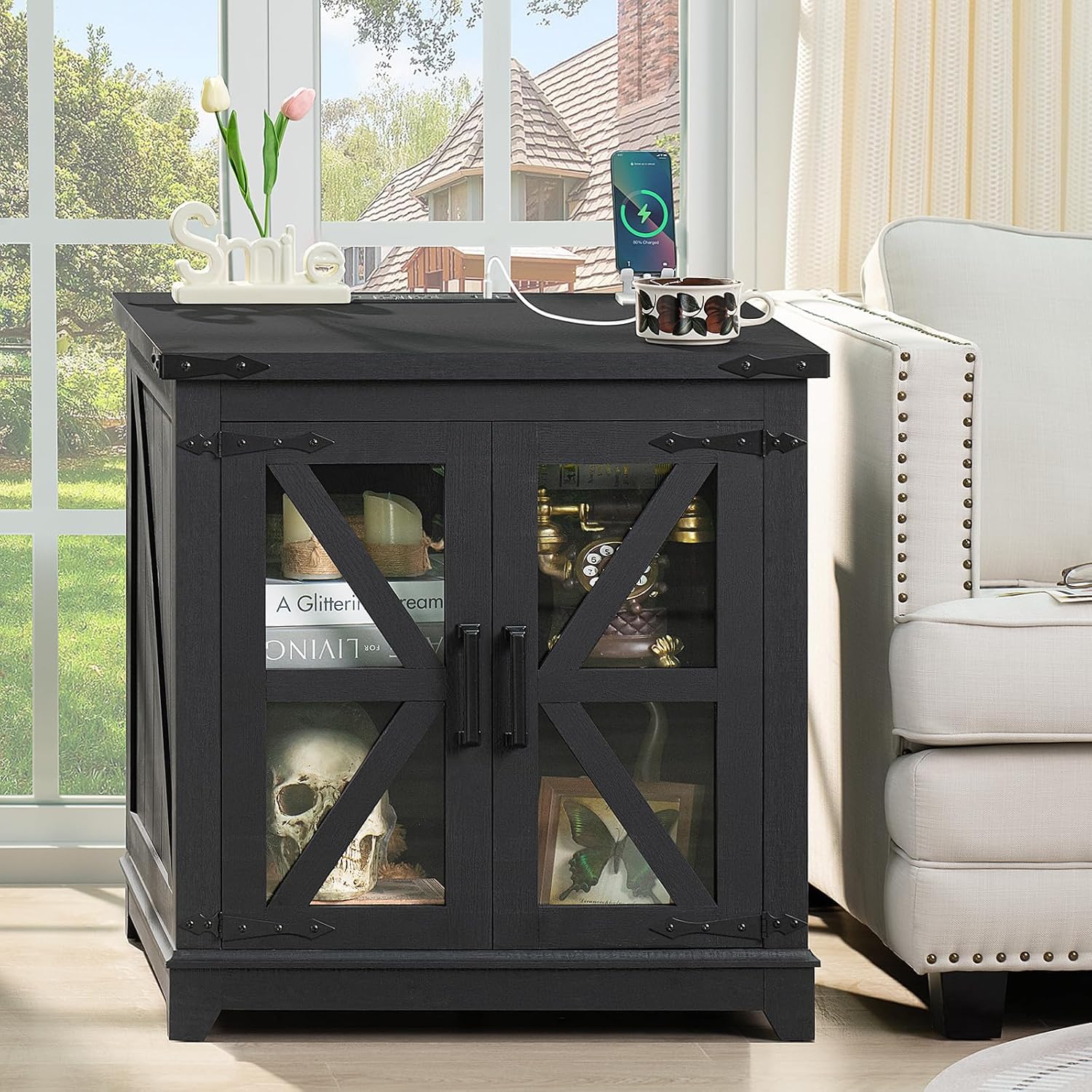 Farmhouse End Table Set of 2,24' Large Sofa Side Table with Charging Station Glass Barn Door,Wood Nightstand with Adjustable Storage Shelf,Square Bedside Table for Living Room,Bedroom,Office-Black