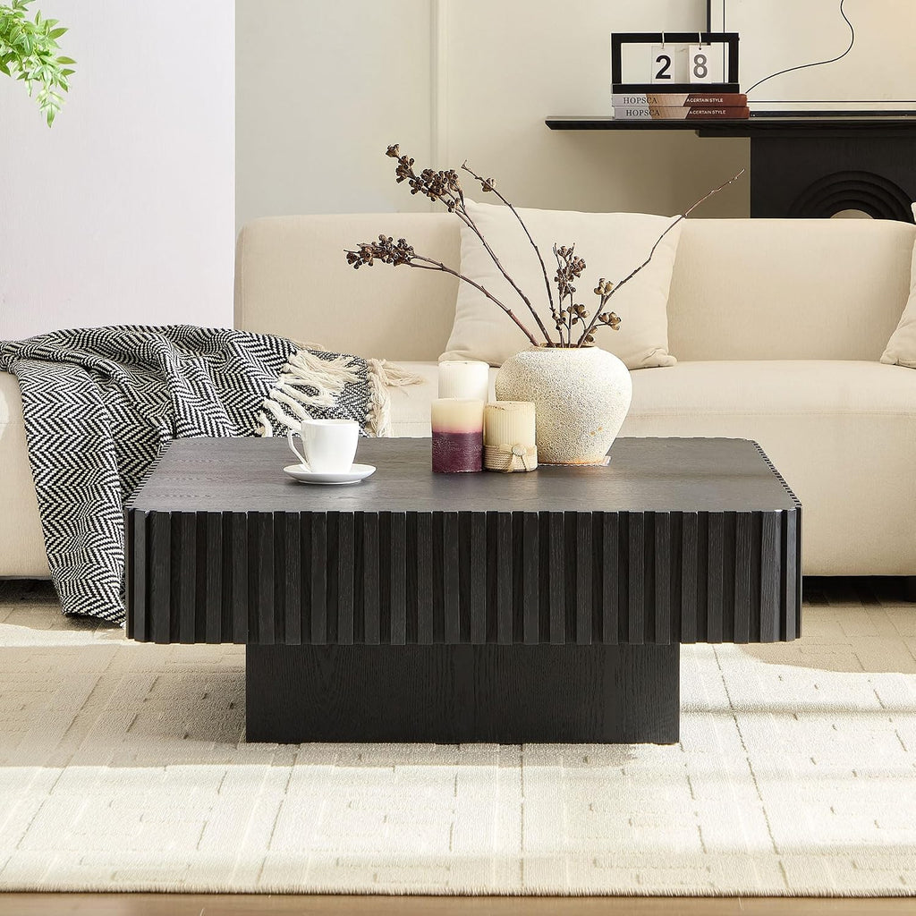 WILLIAMSPACE 35.43' Square Coffee Table with Sturdy Base, Modern Luxury Wood Drum Center Table Accent End Side Table for Living Room, Minimalist Fluted Design, Black