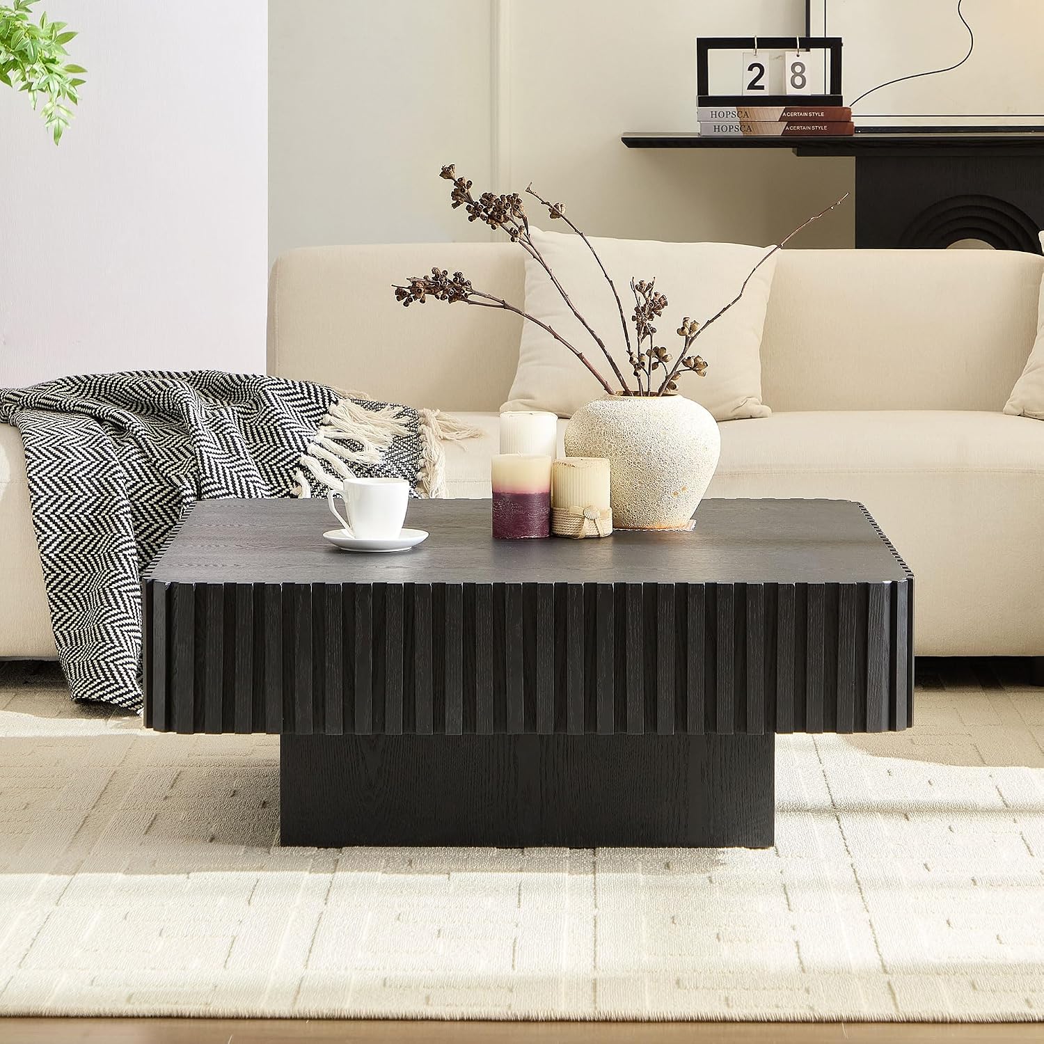 WILLIAMSPACE 35.43' Square Coffee Table with Sturdy Base, Modern Luxury Wood Drum Center Table Accent End Side Table for Living Room, Minimalist Fluted Design, Black