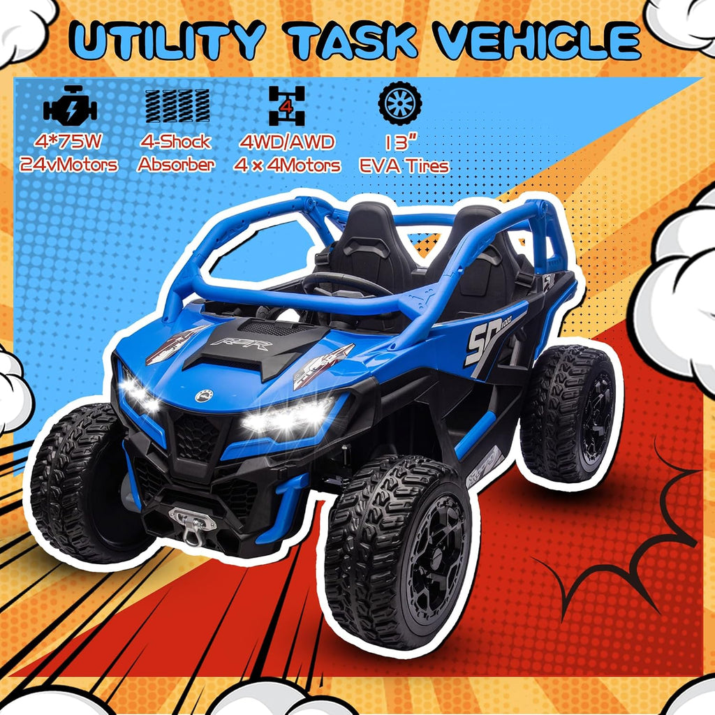 wanan XL 24V 10AH Ride on Toys for Big Kids Real 2-Seater, 4x4 4WD Motor Ride on Car Kid UTV for Kids 3-8, Remote Control, Bluetooth Music, 4 Spring Suspension, 22' Spacious Seats (Blue)