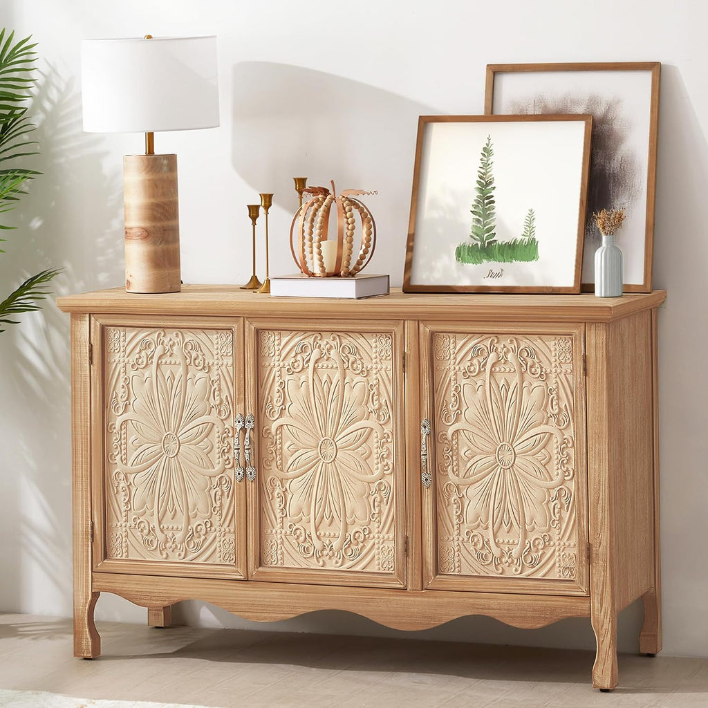RoyalCraft Farmhouse Sideboard Buffet Cabinet with Storage, 49' Solid Wood Credenza Buffet Table Coffee Bar Wine Bar Storage Cabinet with 3 Doors for Dining Room Living Room Hallway, (Provence Grain)