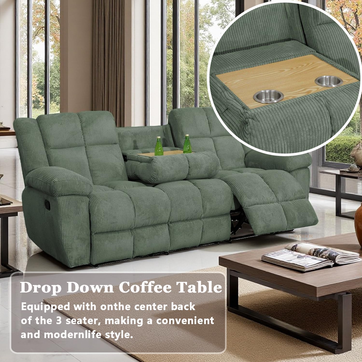 Corduroy Living Room Furniture Sets, Manual Reclining Corduroy Sofa and Chair Set with Drop-Down Table, Recliner Couch Sets, Recliner Sofa with Cup Holder for Home