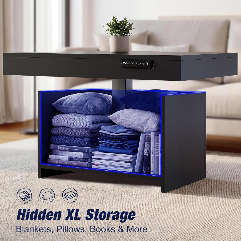 Homkdom 39.4' Electric Lift Top Coffee Table, Adjustable Height Table with Storage & LED Light, Coffee Tables for Living Room, Dining, Work and Gaming, Black