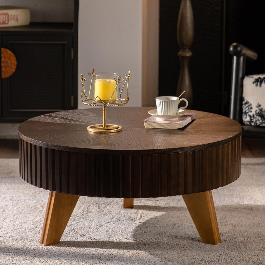 Setawix 31.5' Round Coffee Table with Storage Space, Small Side Tea End Table for Living Room, Wooden Rustic Coffee Table, Storage Entry Way Table, Brown