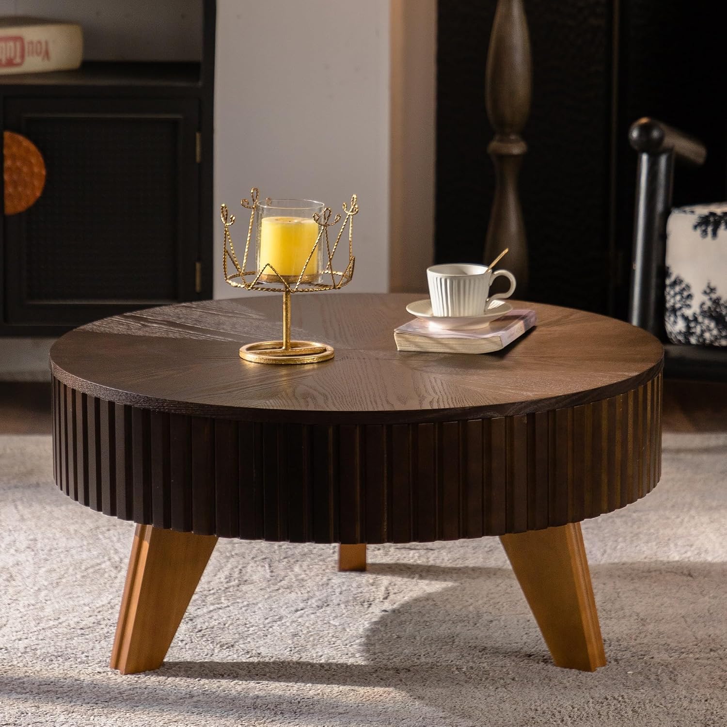 Setawix 31.5' Round Coffee Table with Storage Space, Small Side Tea End Table for Living Room, Wooden Rustic Coffee Table, Storage Entry Way Table, Brown