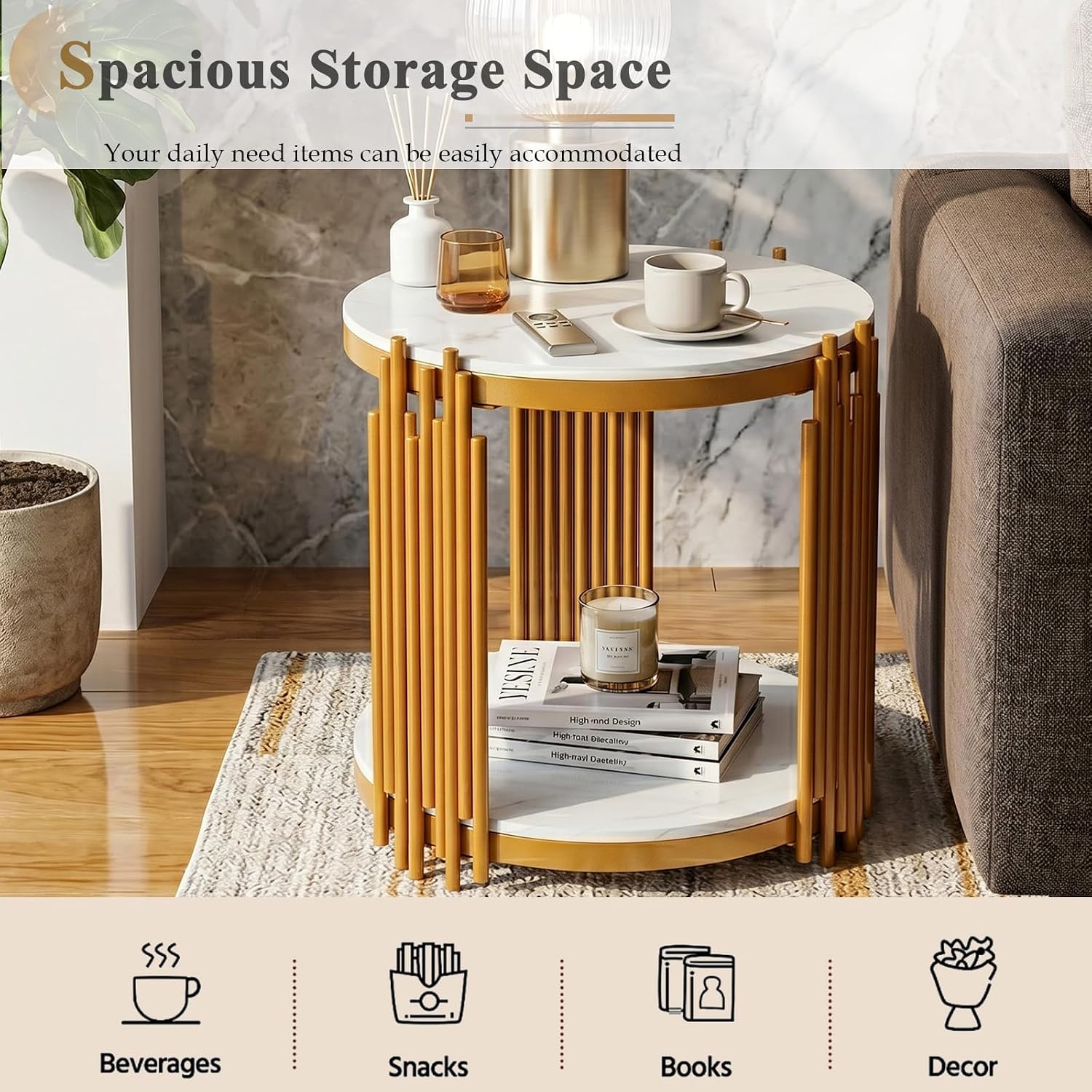 Round Marble Side Table Set of 2 Luxury 2-Tier End Table with Gold Metal Frame Modern Living Room Table Elegant White Nightstand Sofa Side Table with Storage Shelves