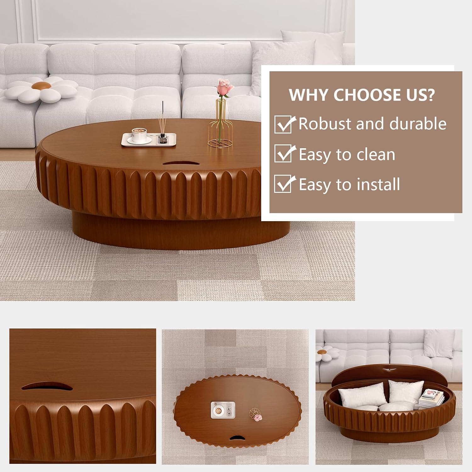 Round Drum Coffee Table White Fluted Coffee Table Circle Center Table Pedestal End Table for Apartment (Oval 43.3in)