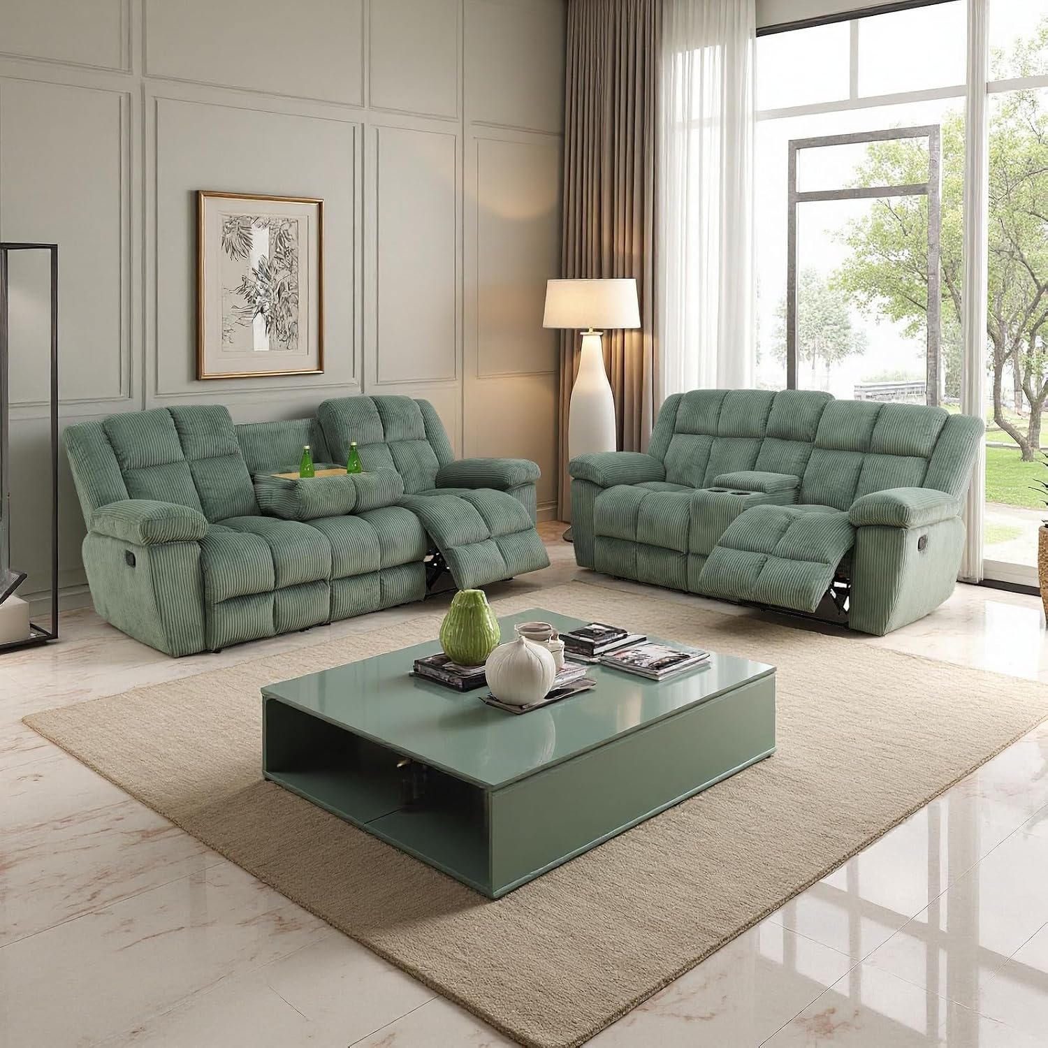 Manual Corduroy Sofa Set with Drop-Down Table, 2 Pieces Corduroy Recliner Sofa Sets, Living Room Furniture Sets, Recliner Loveseat with Storage Console/Cup Holder for Home/Office