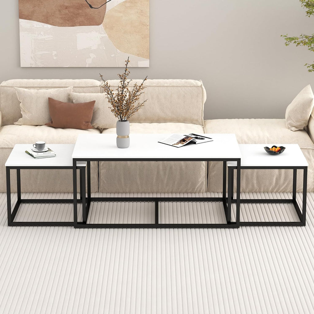 Nesting Coffee Tables,3 Piece Living Room Coffee Table,Industrial Rectangular Coffee Table Set,End Table Side Tables for Living Room Bedroom(White)