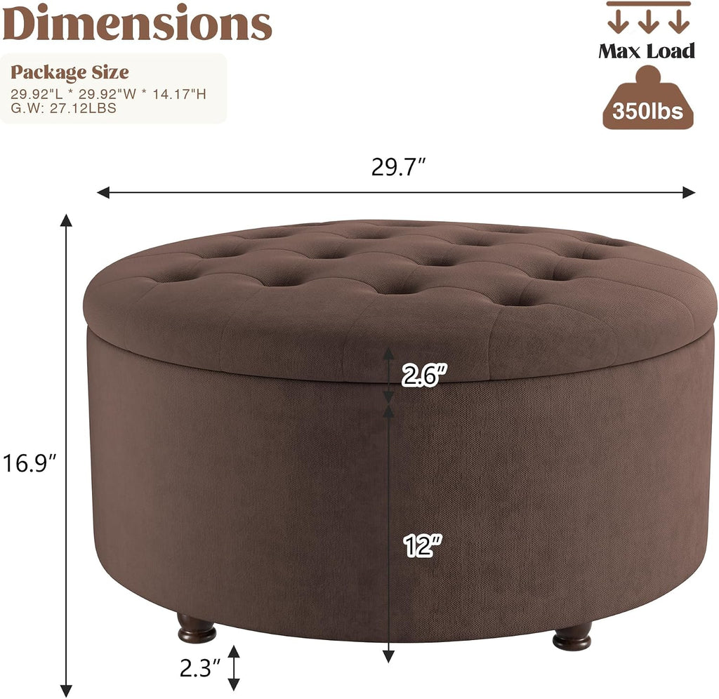 30 Inch Round Storage Ottoman,Modern Tufted Ottomans,Upholstered Large Ottoman with Storage with Removable Top Footrest Stool for Bedroom Living Room (Darkbrown)