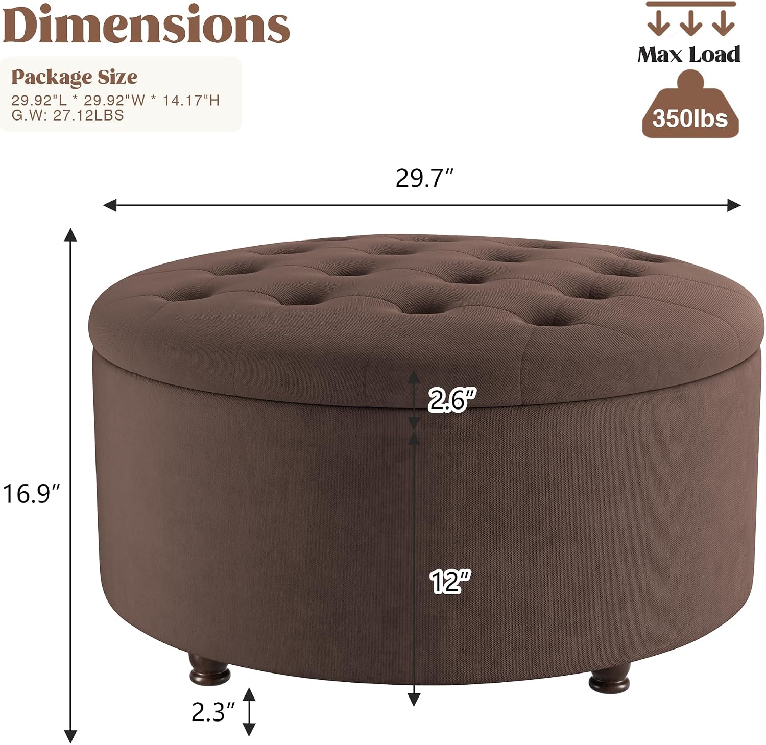 30 Inch Round Storage Ottoman,Modern Tufted Ottomans,Upholstered Large Ottoman with Storage with Removable Top Footrest Stool for Bedroom Living Room (Darkbrown)