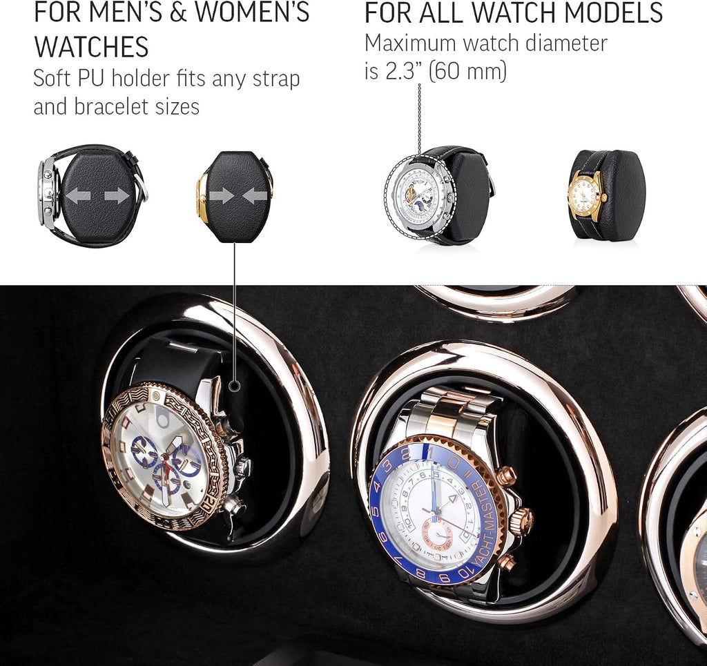Watch Winder for 6 Watches with LED Light, LCD Display and Motor-Stop Option