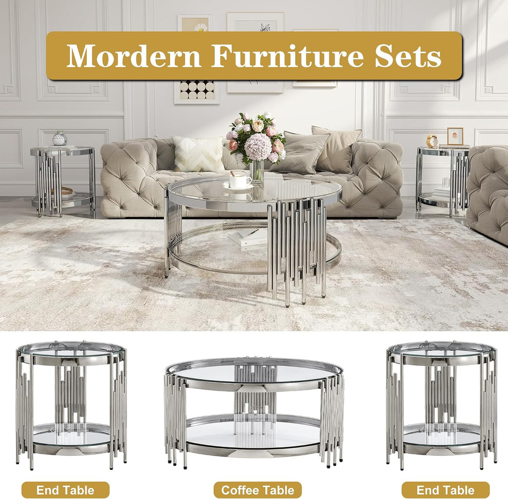 Round Glass Coffee Table Modern Living Room Table, 35.43' Gold Stainless Steel Leg Clear Tempered Glass, Circle Sofa Center Table Furniture for Home Apartment Office, Silver