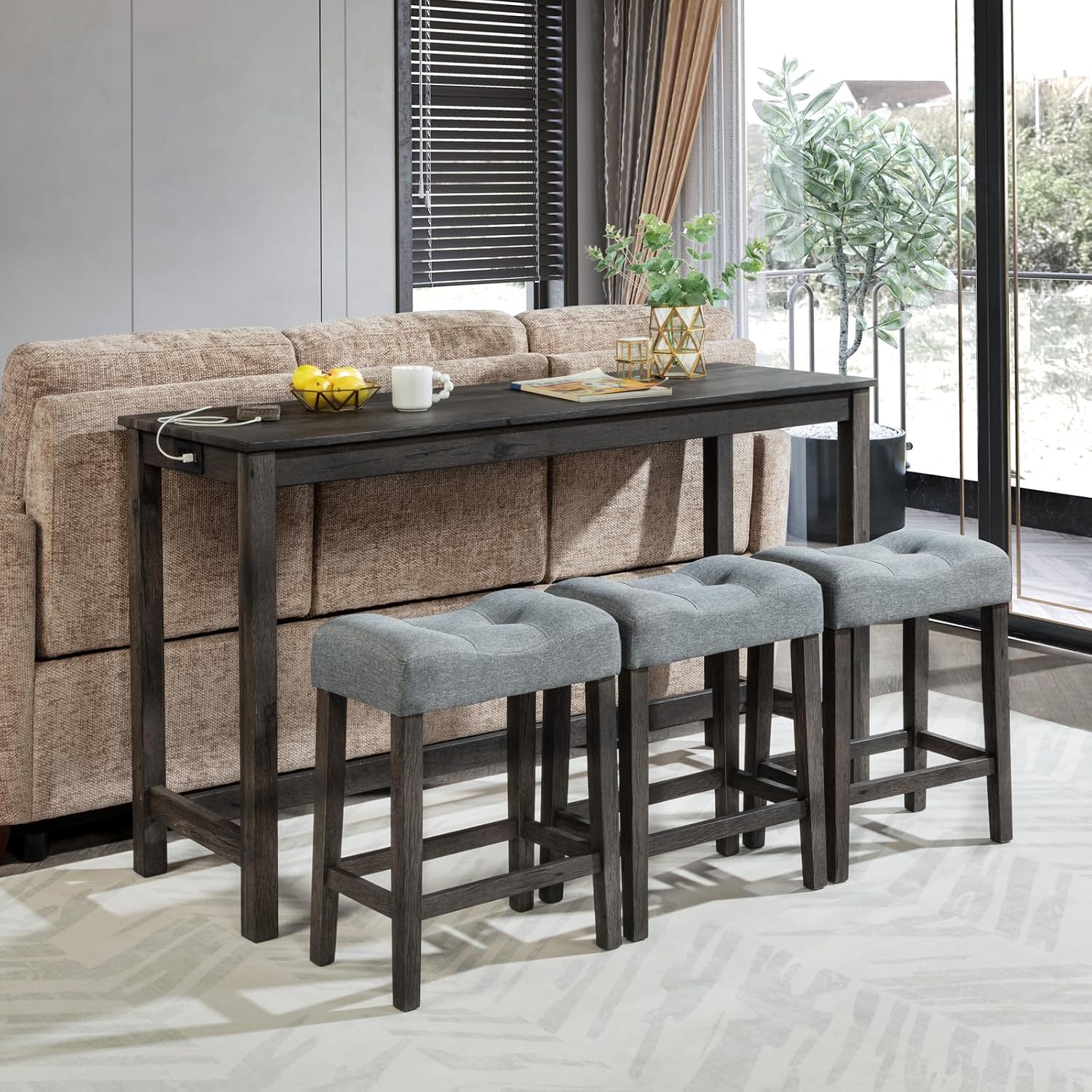 Merax 4 Piece Dining Bar Table Set with Power Outlet,Behind Sofa Couch Table with 3 Linen Fabric Padded Saddle Seat Stools,for Living Room,Dining Room,Dark Gray