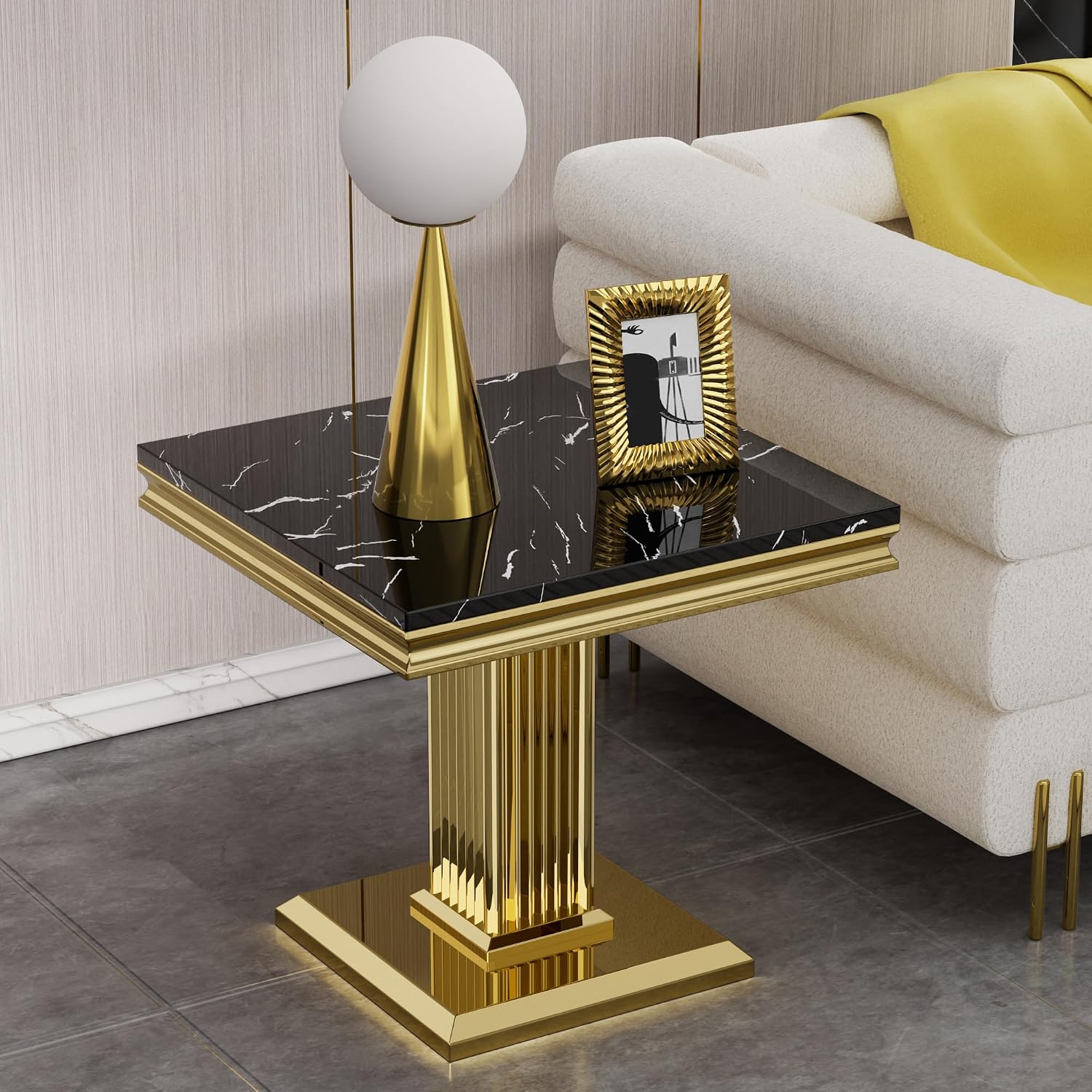 4 Pieces Coffee Table Set, Faux Marble Living Room Table Set of 4, Modern Coffee Table, Console Table and 2 End Tables with Column-Shaped Stainless Steel Base for Living Room Office (Black Gold)
