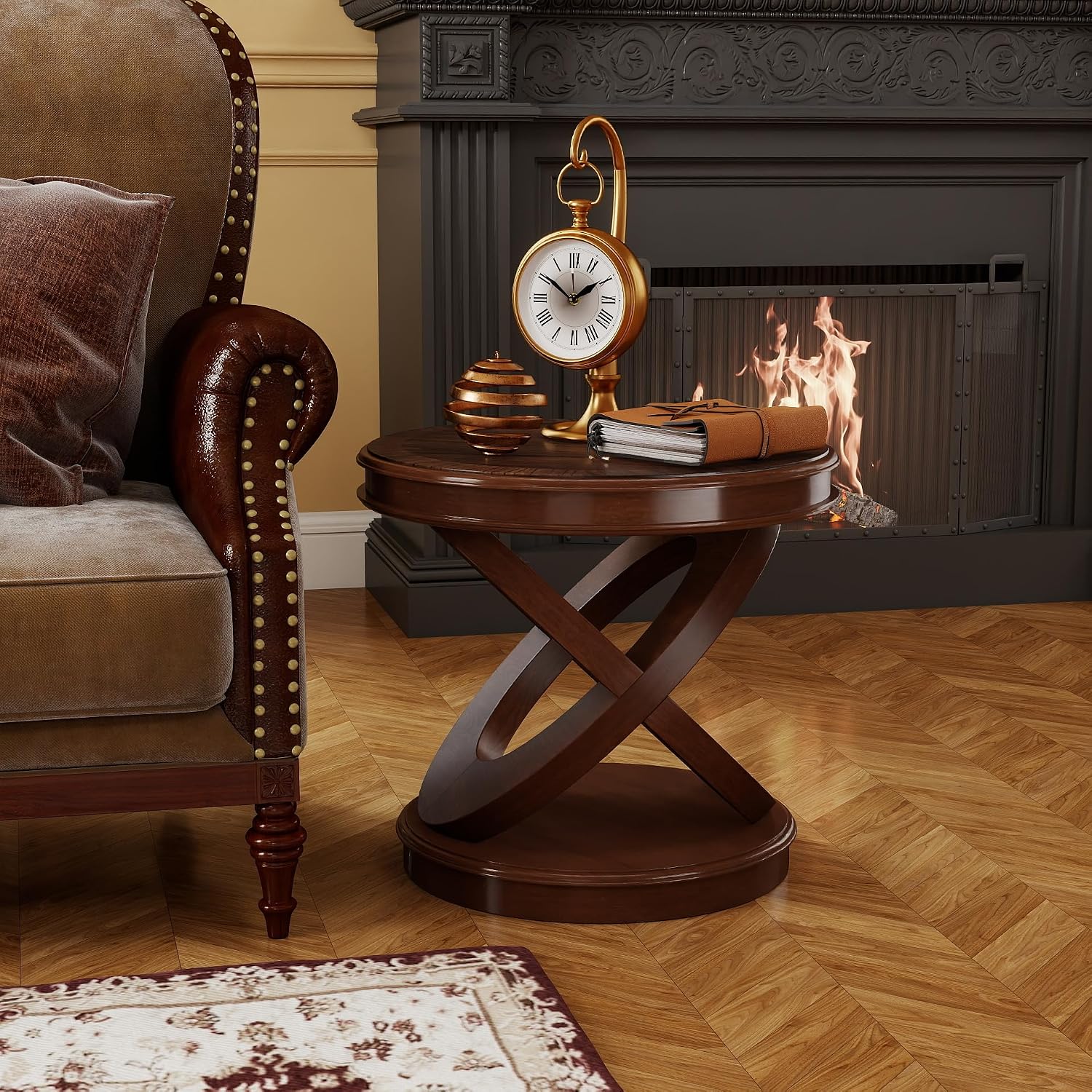 LKTART Round Wood End Tables for Living Room 22 Inch, X-Shaped Walnut Small Sofa Side Table, Vintage End Table for Small Space, Easy to Install(Walnut,22 Inch)