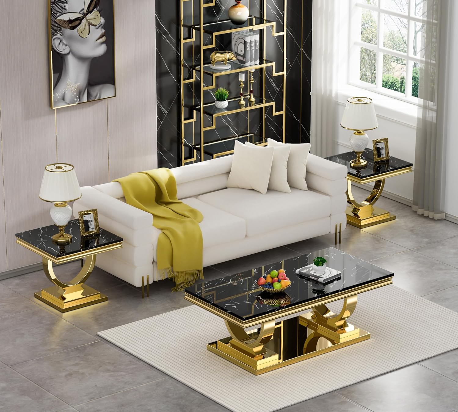 Coffee Tables Set of 2 for Living Room, Marble Coffee Table and End Table Set, Black Faux Marble Top&Gold O-Shape Stainless Steel Base, 2 Pieces Living Room Table Sets for Apartment Office