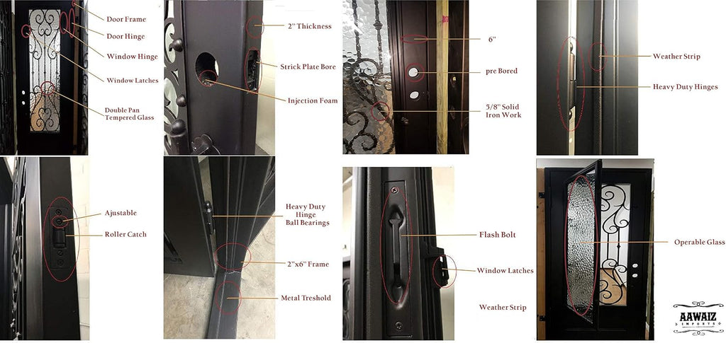 Dublin Model Exterior Double Front Entry Door Wrought Iron with Fixed Tempered Clear Low E Glass Inside Swing Matt Black Finish (Matt Black, 62 x 84)