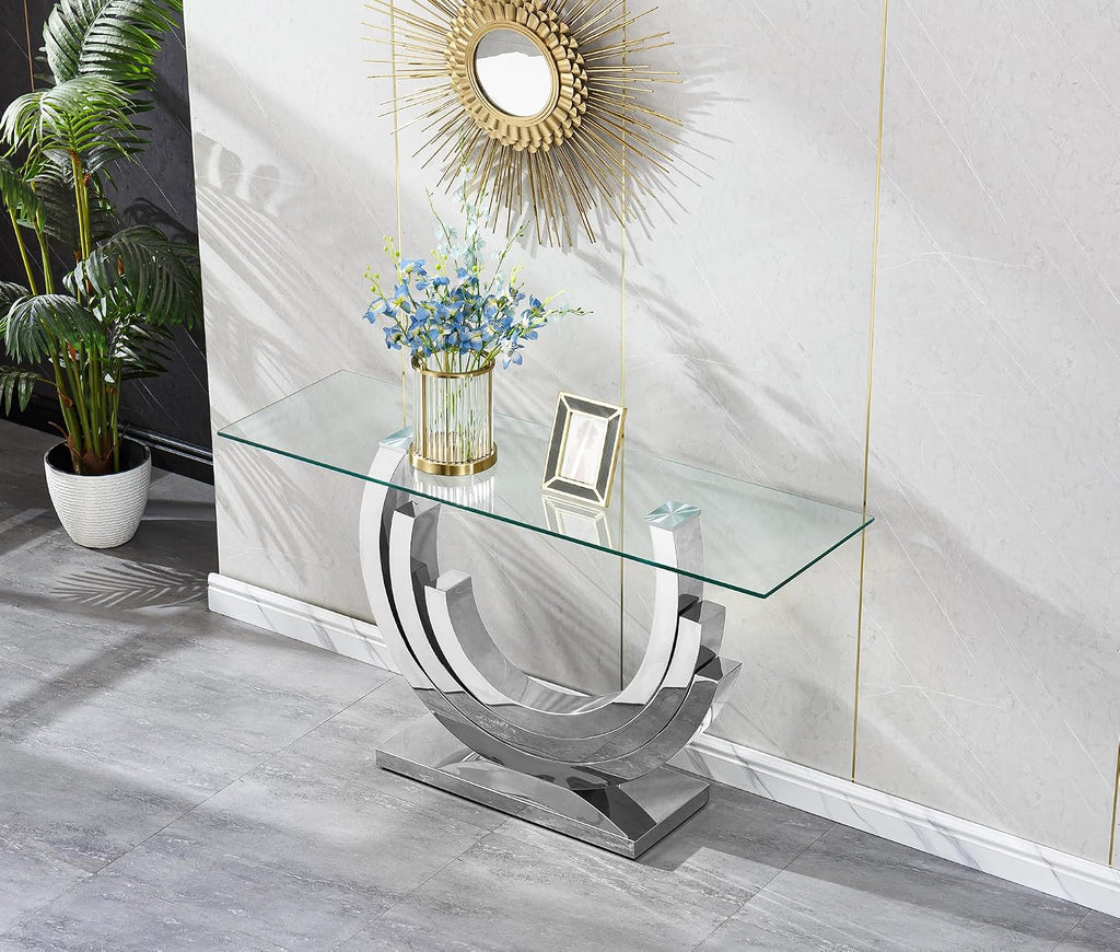 SSLine 1 Piece Living Room Console Table Luxury Glass Entryway Table,Modern Silver Console Table with Ring-Shape Stainless Steel Pedestal Base for Hallway Corridor(1 Console Table)