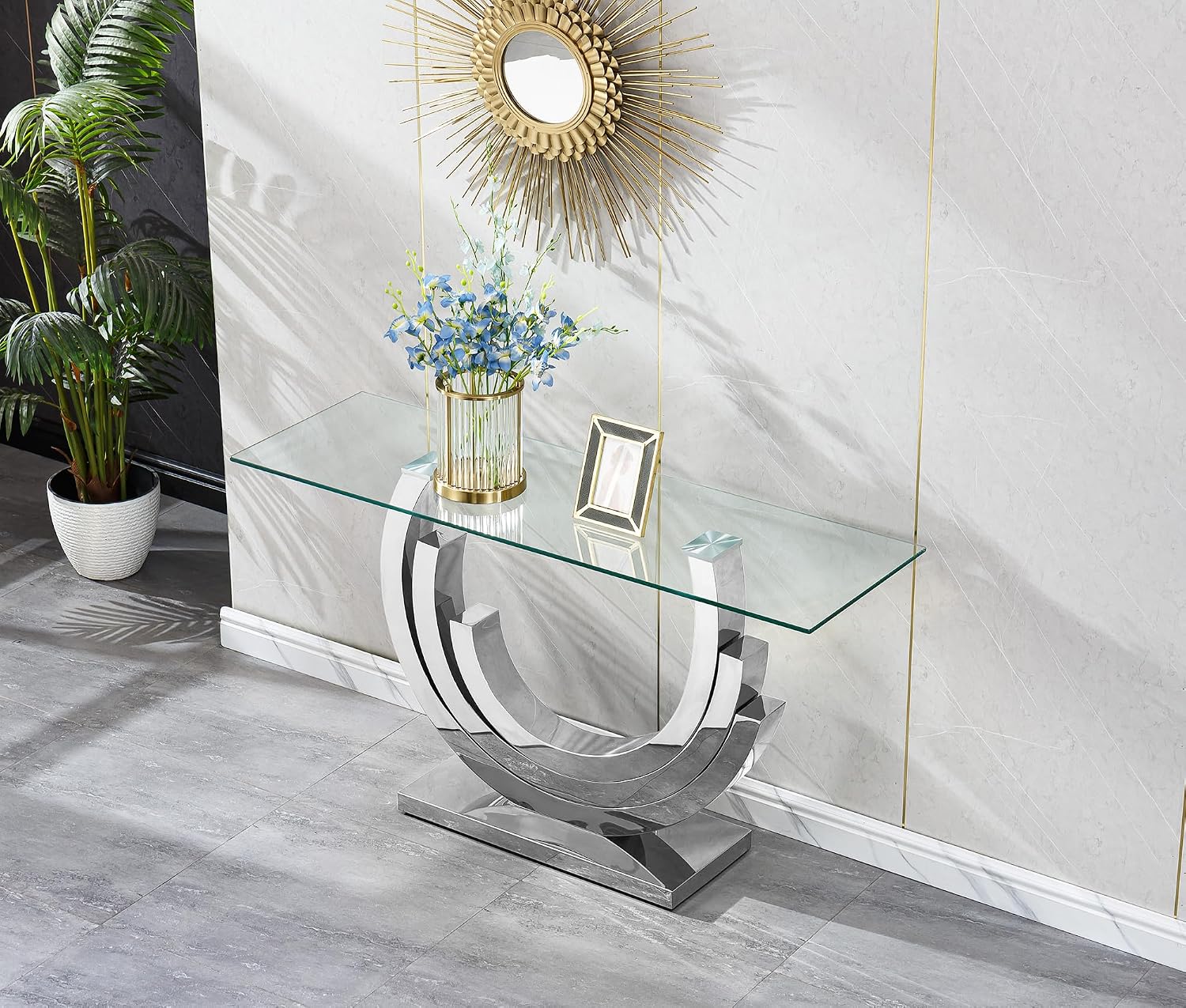 SSLine 1 Piece Living Room Console Table Luxury Glass Entryway Table,Modern Silver Console Table with Ring-Shape Stainless Steel Pedestal Base for Hallway Corridor(1 Console Table)