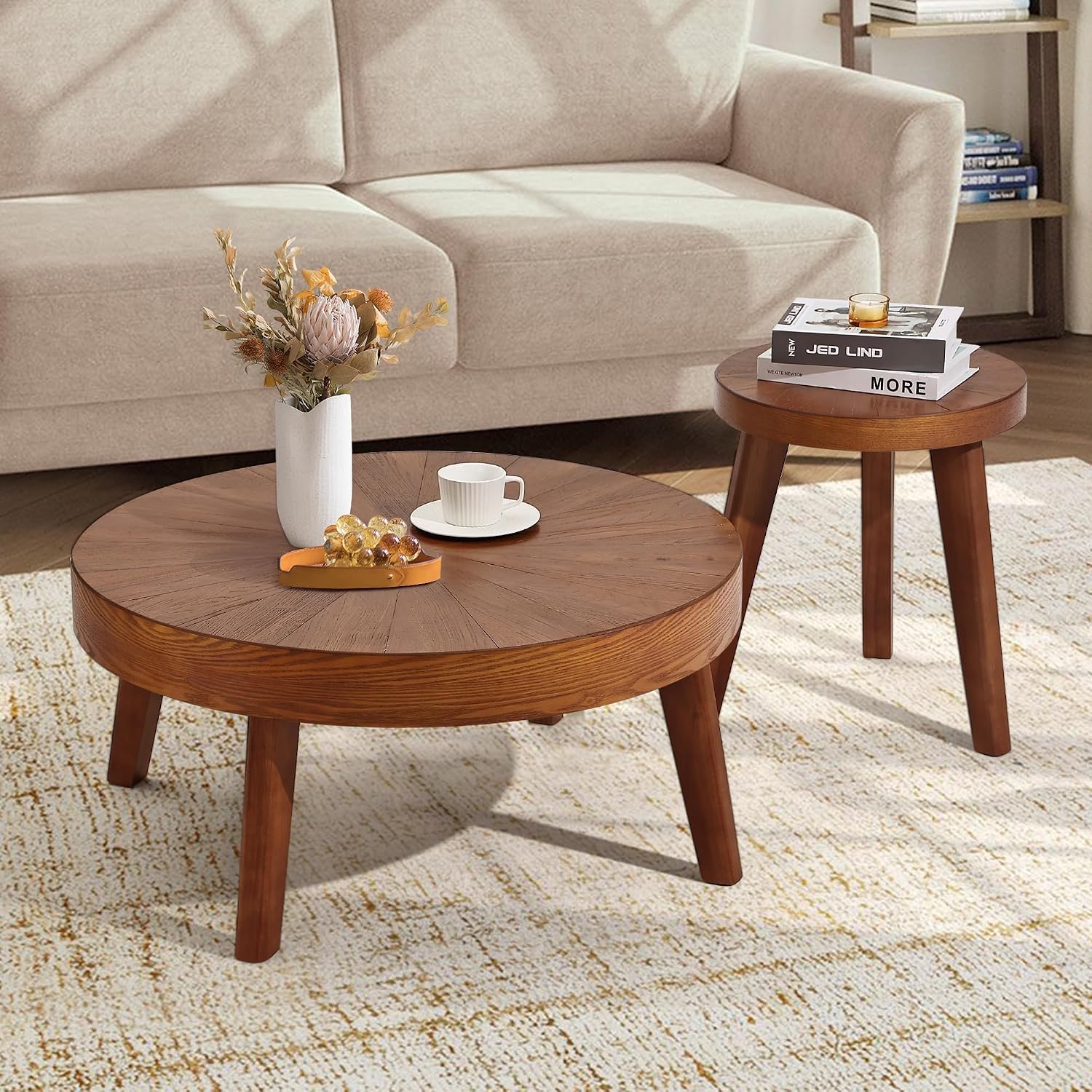 HOKYHOKY Farmhouse Round Coffee Table Set of 3, Boho Sofa Side Nesting Tables End Table Set with Wood Natural Finish for Living Room, Bedroom, Home Office,Brown
