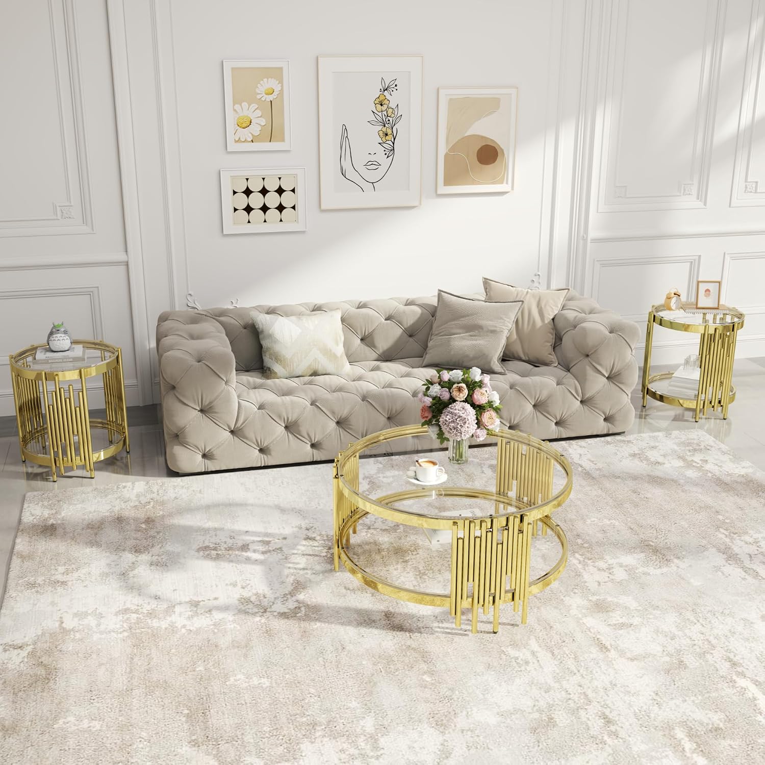 Round Glass Coffee Table Set of 3, Gold and Clear Modern Living Room Table Set, Includes 1 Coffee Table, 2 End Tables, Gold Stainless Steel Base Tempered Glass Top, Luxury Furniture for Home Office