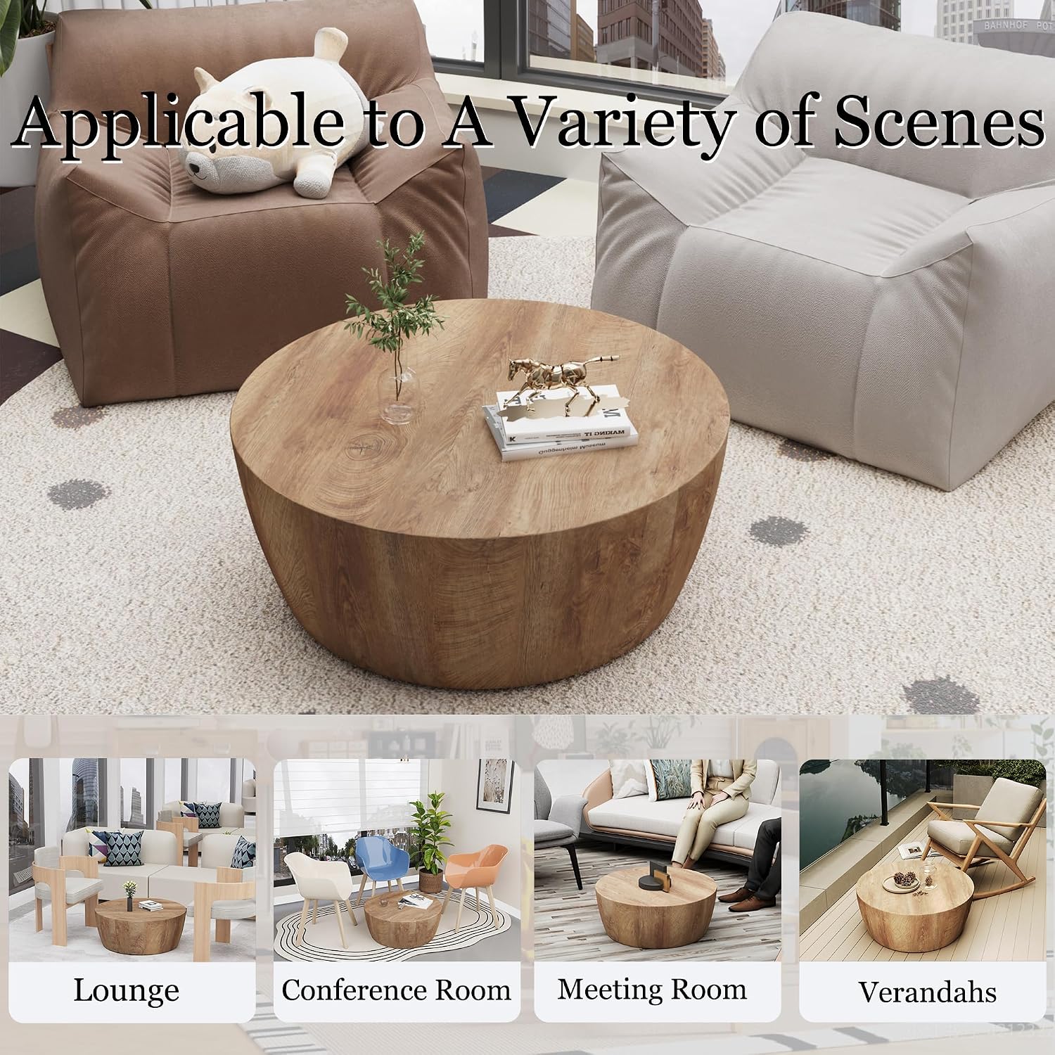 30' Round Coffee Table, Drum Coffee Tables for Living Room, Vintage Reversible Wooden Coffee Table, Mid Century Modern Center Table Tea Table for Bedroom or Office, No Need Assembly