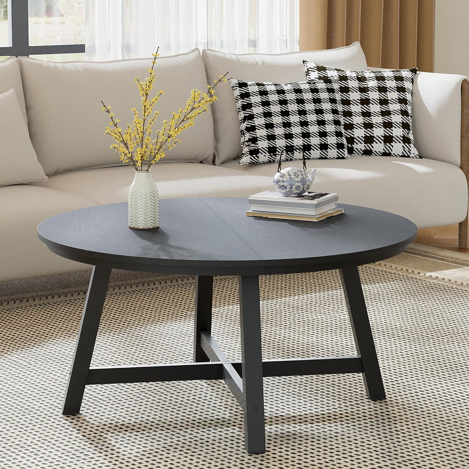 36' Round Coffee Table for Living Room, Large Circle Center Table with Wood Grain Top, Thick Metal Legs & Adjustable Feet, Modern Round Coffee Tables for Apartments Homes Easy Assembly, Black