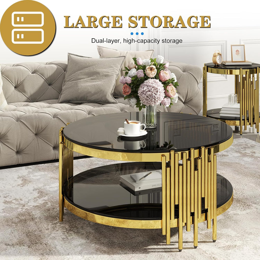Round Glass Coffee Table Set of 3, Gold and Black Modern Living Room Table Set, Includes 1 Coffee Table & 2 End Tables, Gold Stainless Steel Base Tempered Glass Top, Luxury Furniture for Home Office