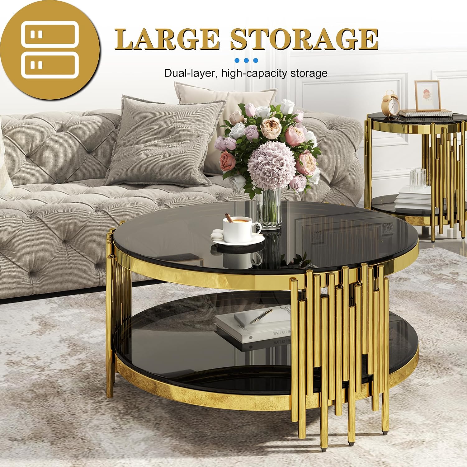Round Glass Coffee Table Set of 3, Gold and Black Modern Living Room Table Set, Includes 1 Coffee Table & 2 End Tables, Gold Stainless Steel Base Tempered Glass Top, Luxury Furniture for Home Office