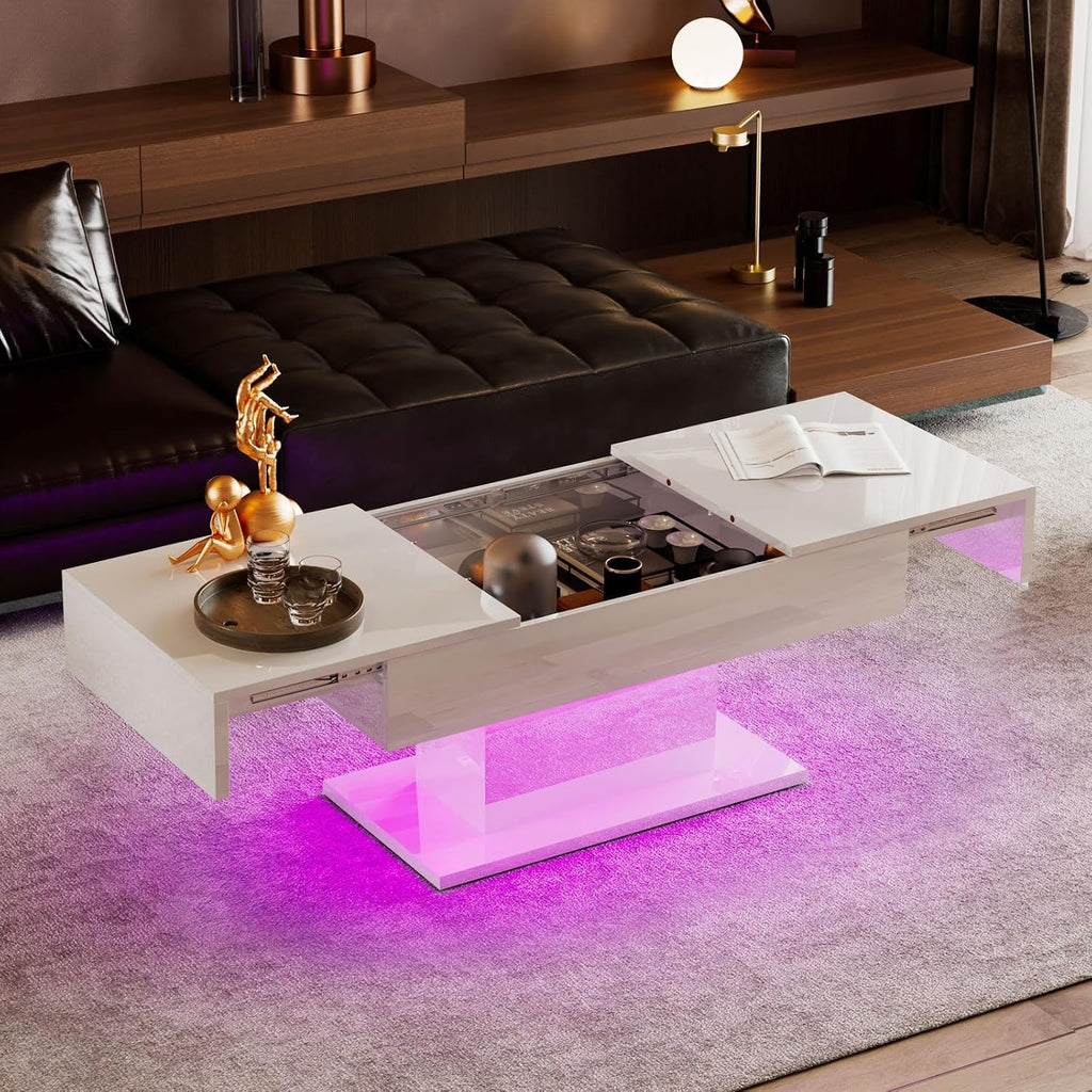 HedoAjim White LED Coffee Table with Storage for Living Room, Living Room Table Rectangular Center Table, Modern High Glossy Wooden Coffee Tables with 16 Colors LED Lights for Dining Reception Room