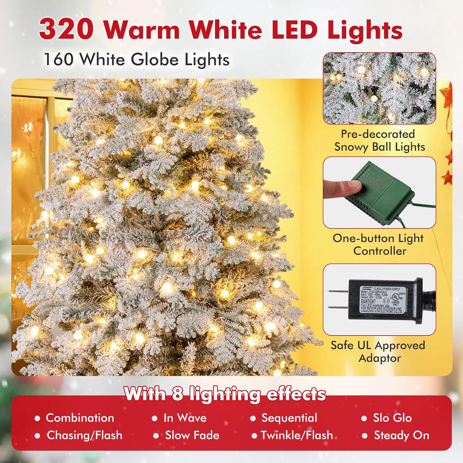 GOFLAME 7FT Pre-lit Artificial Christmas Tree, Snow Flocked Hinged Xmas Tree with 160 Ball Lights, LED Lights, 806 Branch Tips, 8 Lighting Modes and Metal Stand, Holiday Decoration Tree for Home Party