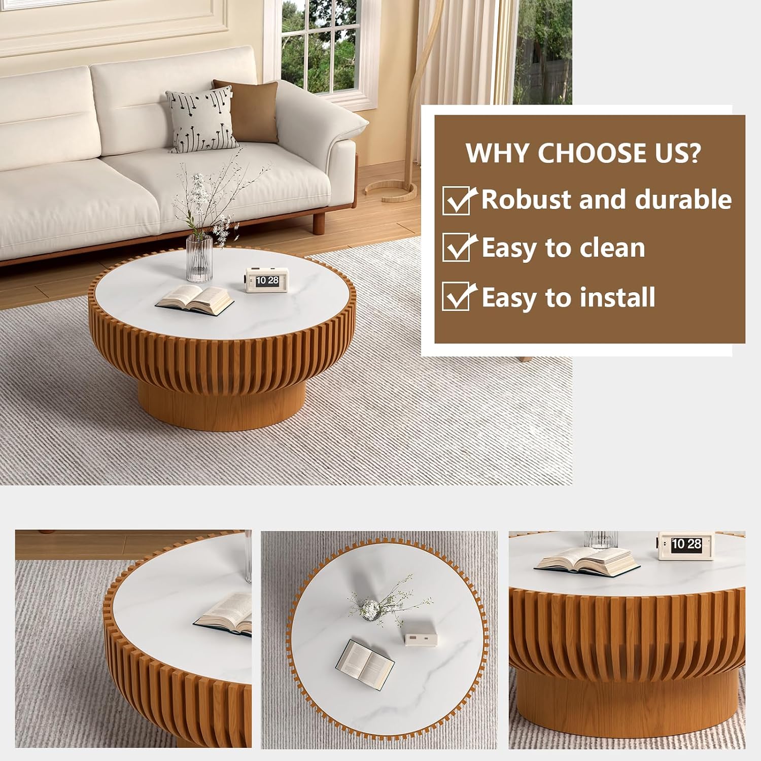 Round Drum Coffee Table White Fluted Coffee Table Circle Center Table Pedestal End Table for Apartment (31.5 in White Desktop)