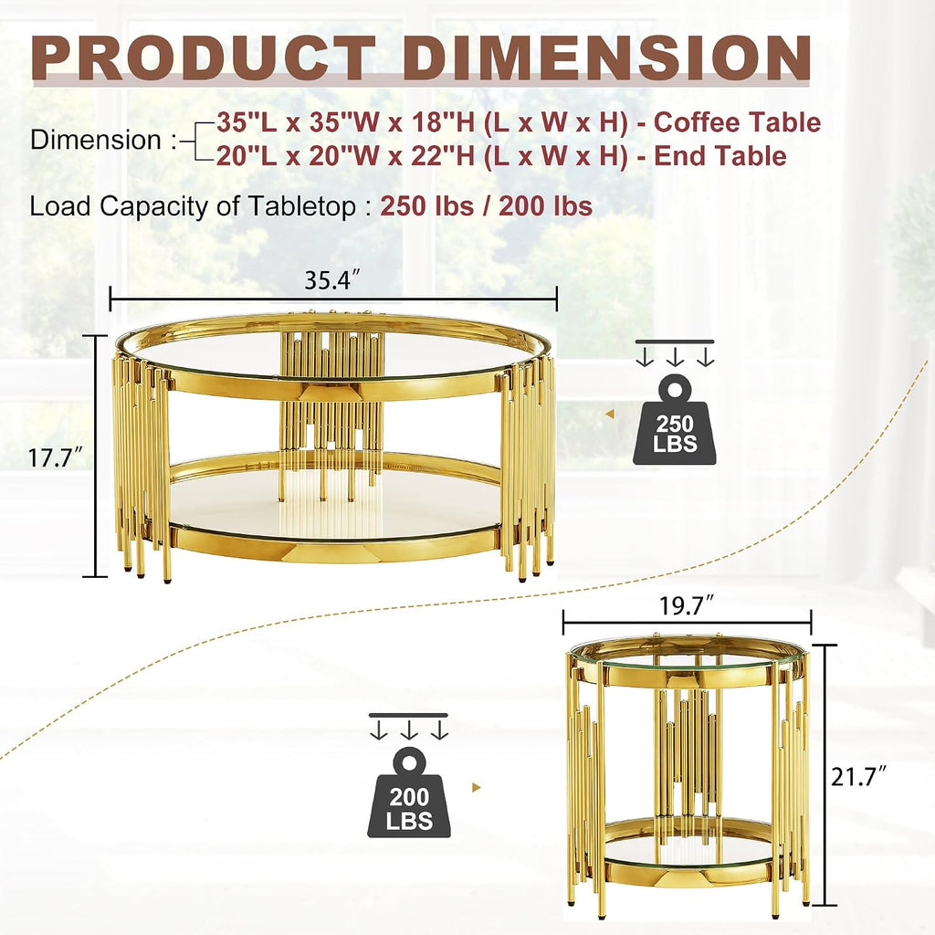 3 Piece Living Room Table Set with 1 Glass Coffee Table and 2 End Tables, 2 Tier Glass Coffee Table Set of 3 with Round Stainless Steel Legs and Tempered Glass Top, Gold/Clear